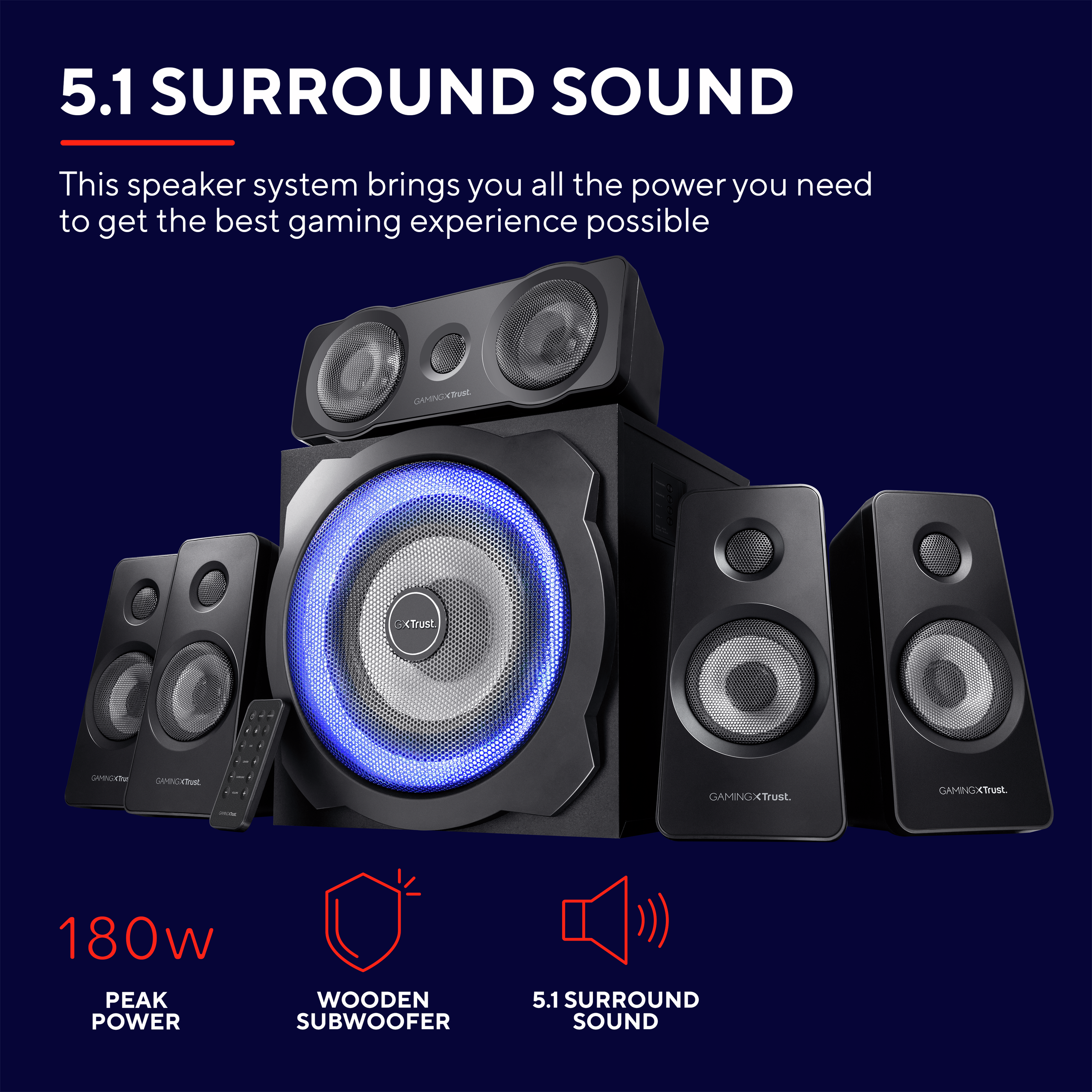 Ein 5.1 Surround-Sound-Lautsprechersystem mit mehreren schwarzen Lautsprechern und einem Subwoofer.