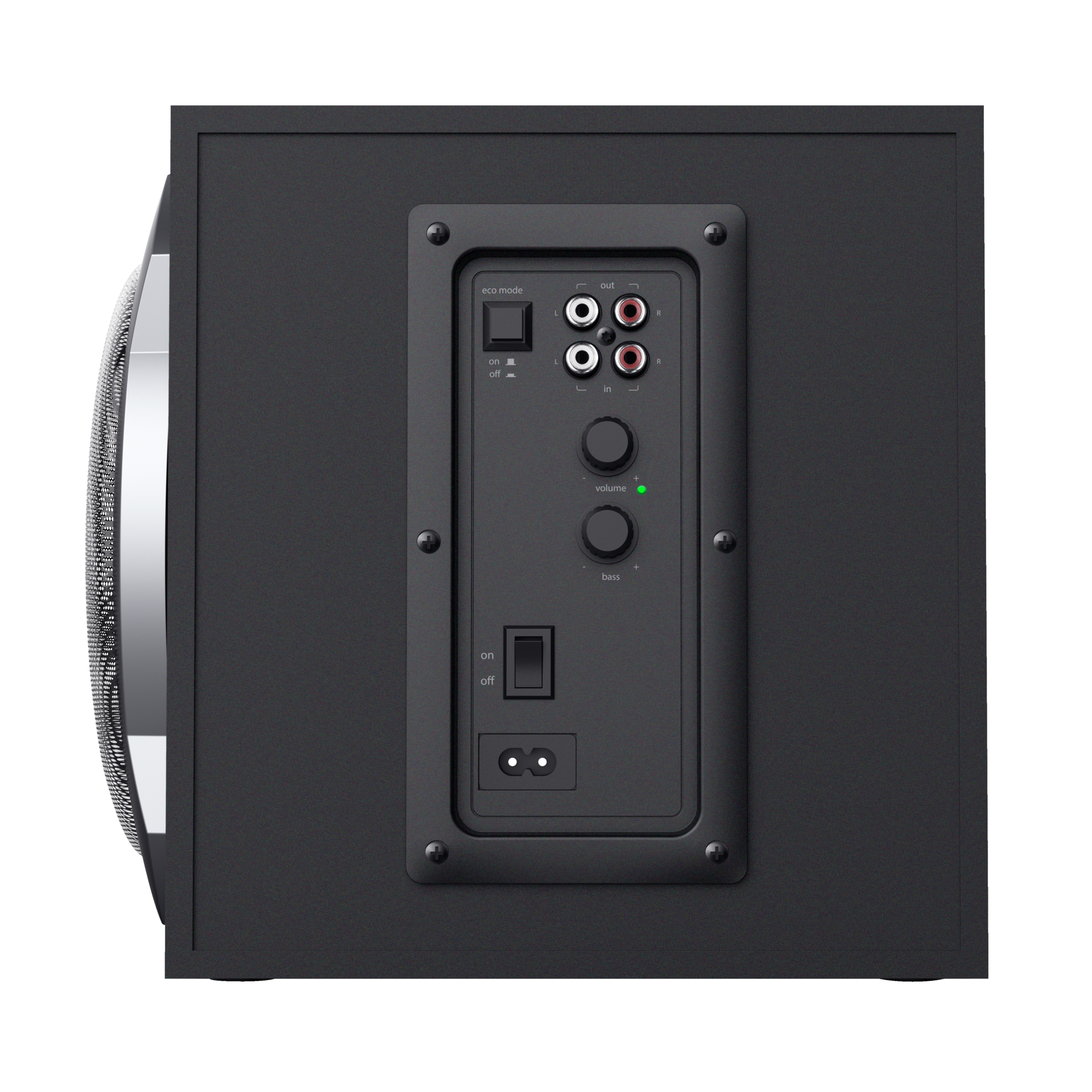 Vue arrière d'un caisson de basses noir avec commandes et entrées. Fond noir.
