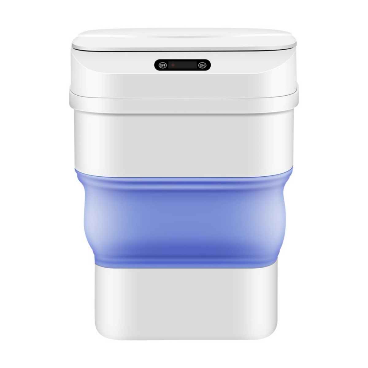 Weiß-blauer Mülleimer mit automatischem Deckel. Der Deckel hat Ein- und Aus-Knöpfe.