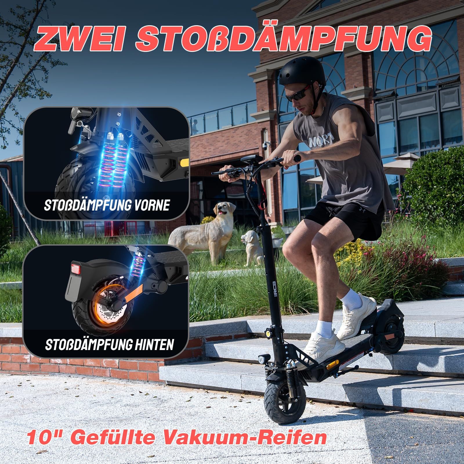 Mann auf einem Elektroroller, Details des Federungssystems des Rollers werden gezeigt. Hunde im Hintergrund.