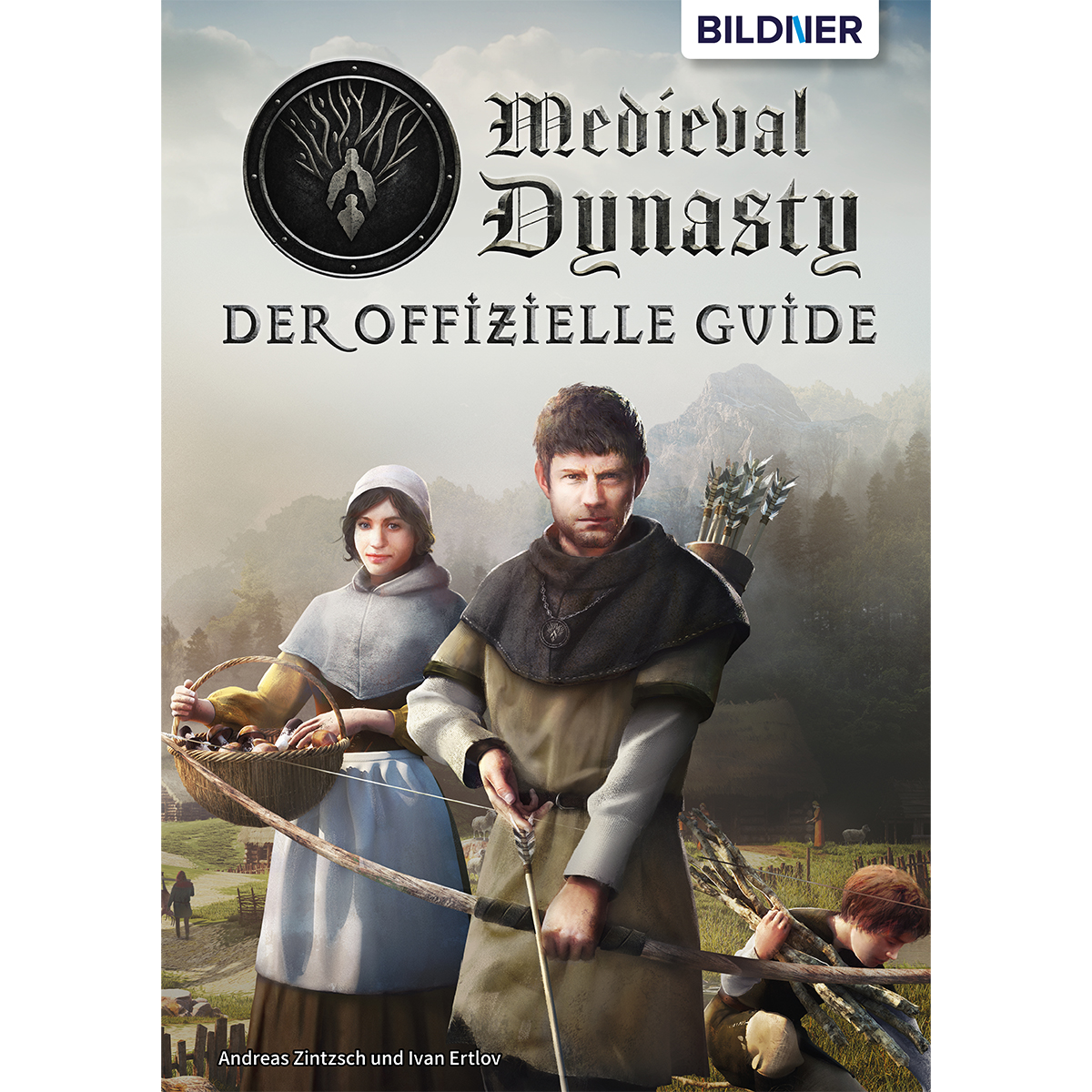 Cover des Medieval Dynasty-Spieleführers. Ein Paar mit Bogen und ein Junge mit Korb.