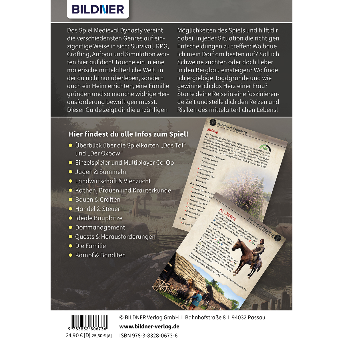 Spielanleitung mit Text und Bildern. Verschiedene Abschnitte sind hervorgehoben.