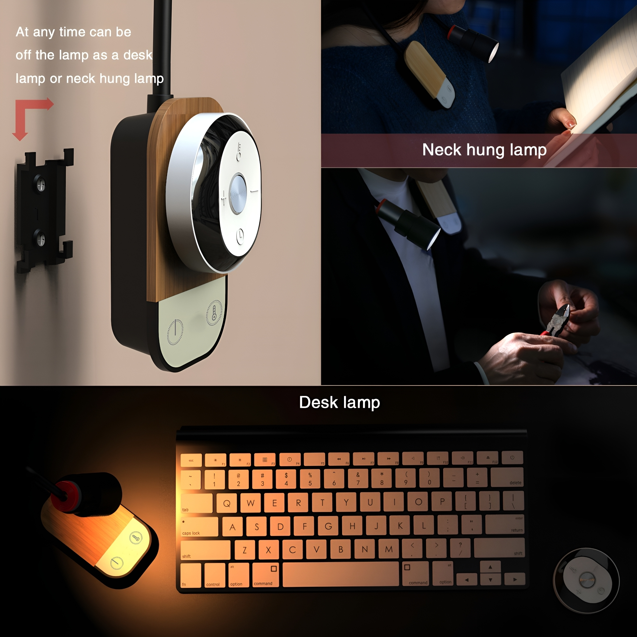 Eine Schreibtischlampe, eine Nackenlampe und eine Tastatur mit hellem Licht.