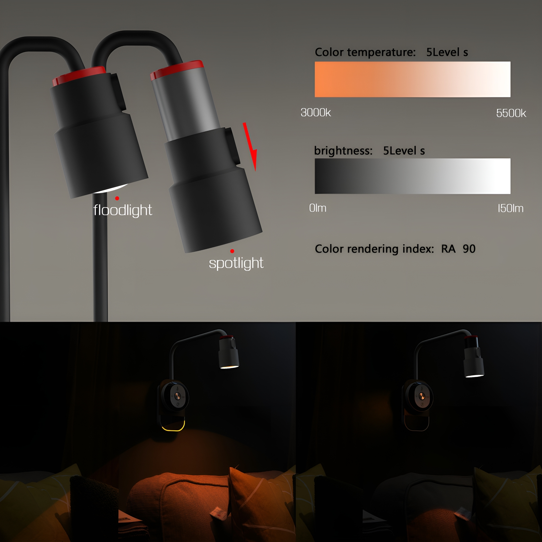 Diagramm einer Lampe mit verstellbaren Strahlern, das Farbtemperatur- und Helligkeitseinstellungen zeigt.