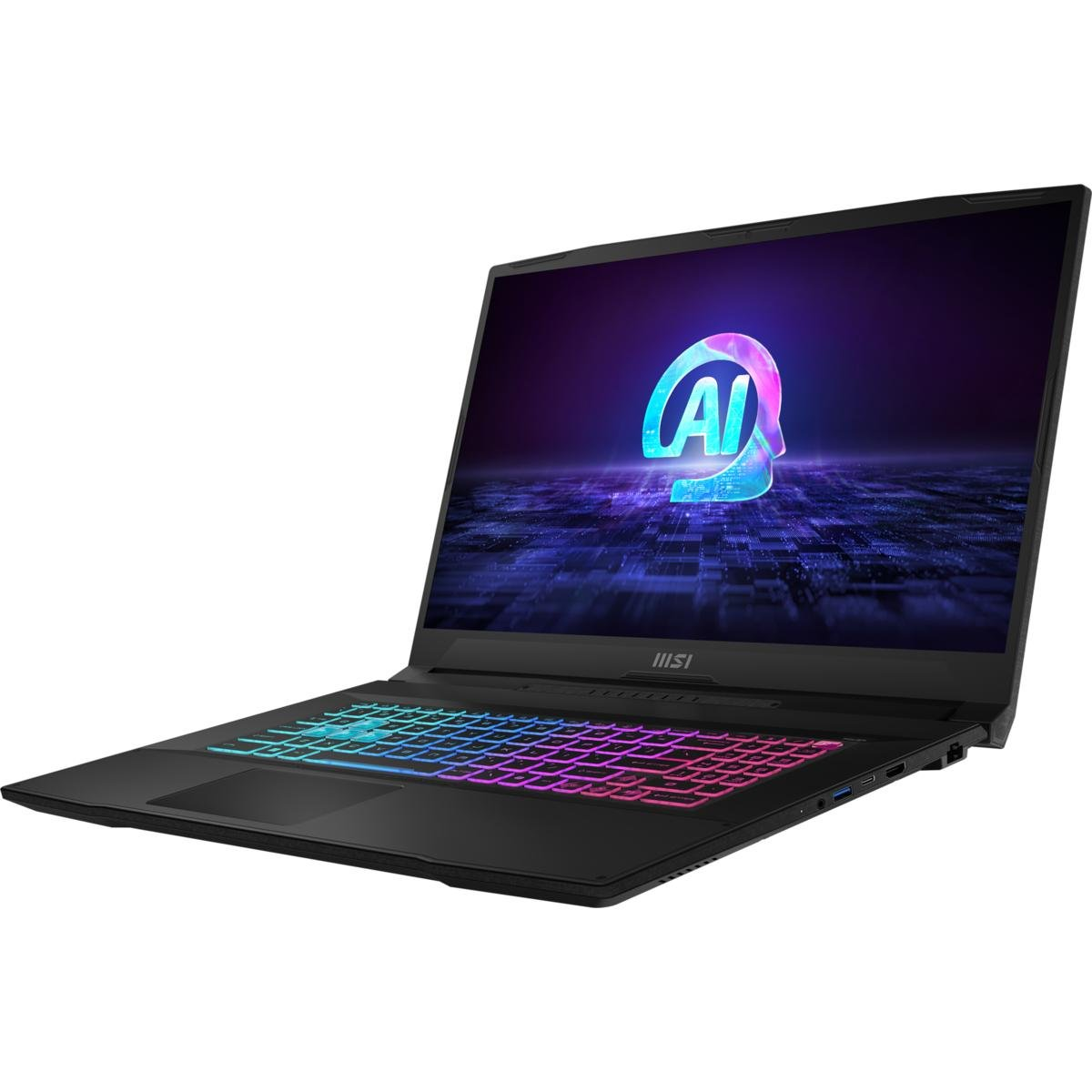 Schwarzer Laptop auf einem Tisch, zeigt ein KI-Logo. Tastatur mehrfarbig beleuchtet. Winkelansicht.