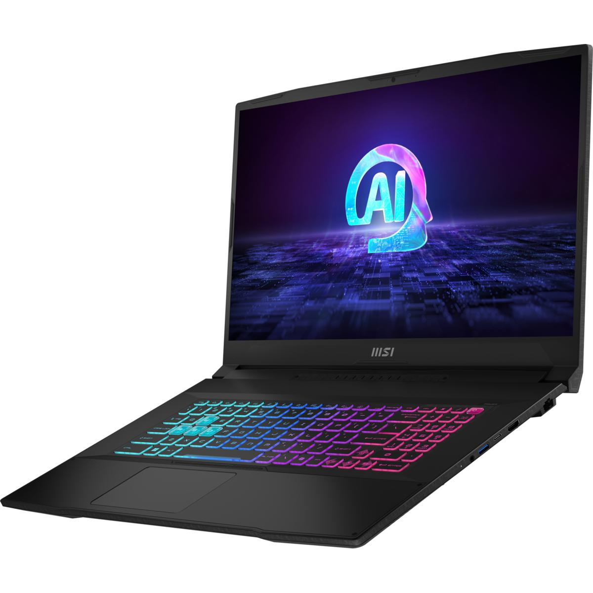 Schwarzer Laptop mit KI-Logo. Mehrfarbige Tastatur, schräge Ansicht.