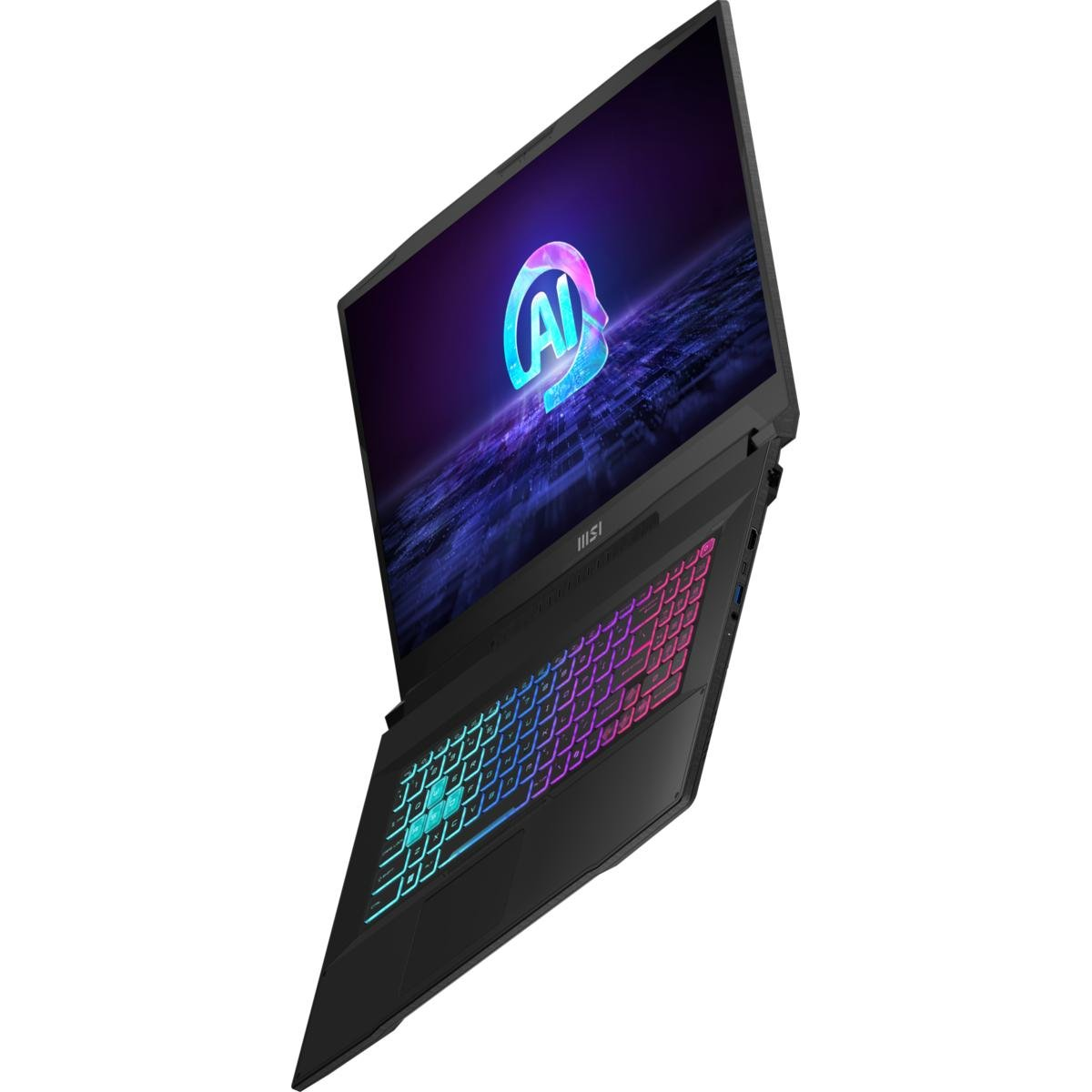 Schwarzer Laptop mit KI-Logo. Mehrfarbige Tastatur, schräge Ansicht.
