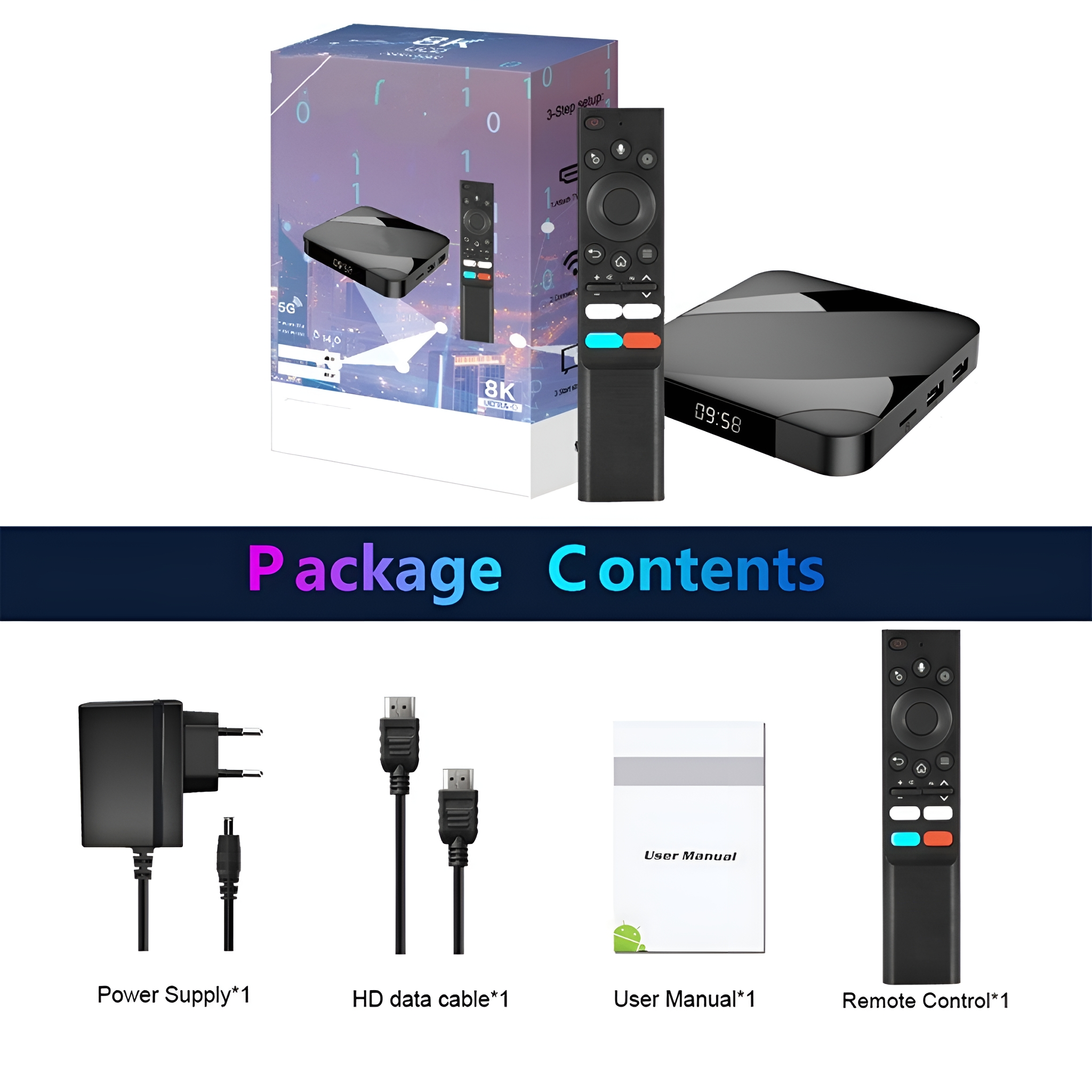 Eine schwarze TV-Box, Fernbedienung und Zubehör. Der Paketinhalt wird angezeigt. Weißer Hintergrund.