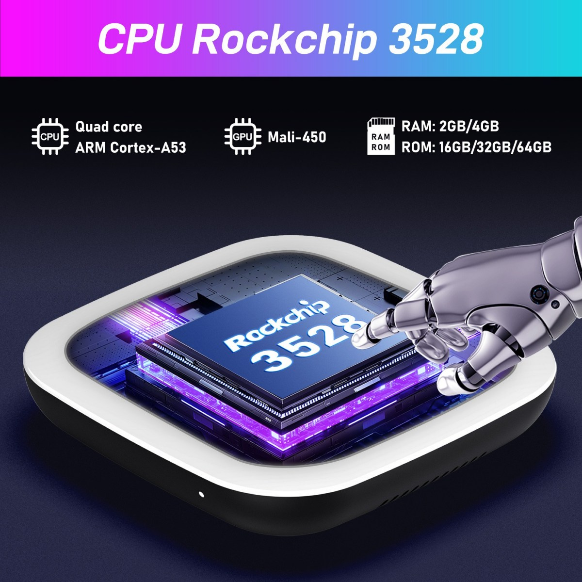 Nahaufnahme einer CPU Rockchip 3528 mit Text, der ihre Funktionen und RAM/ROM beschreibt.