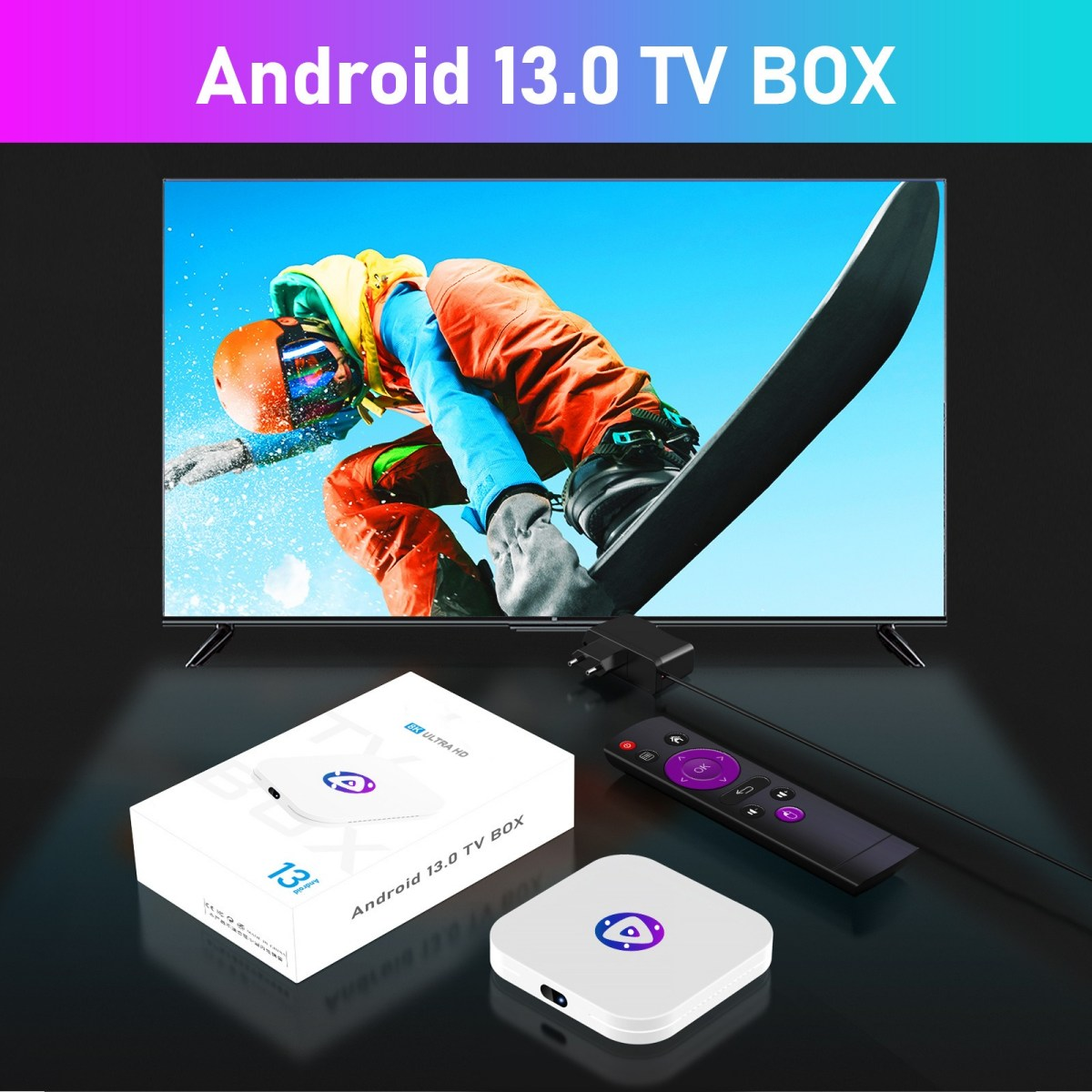 Android TV Box, Fernseher, Fernbedienung und Zubehör auf dunkler Fläche.