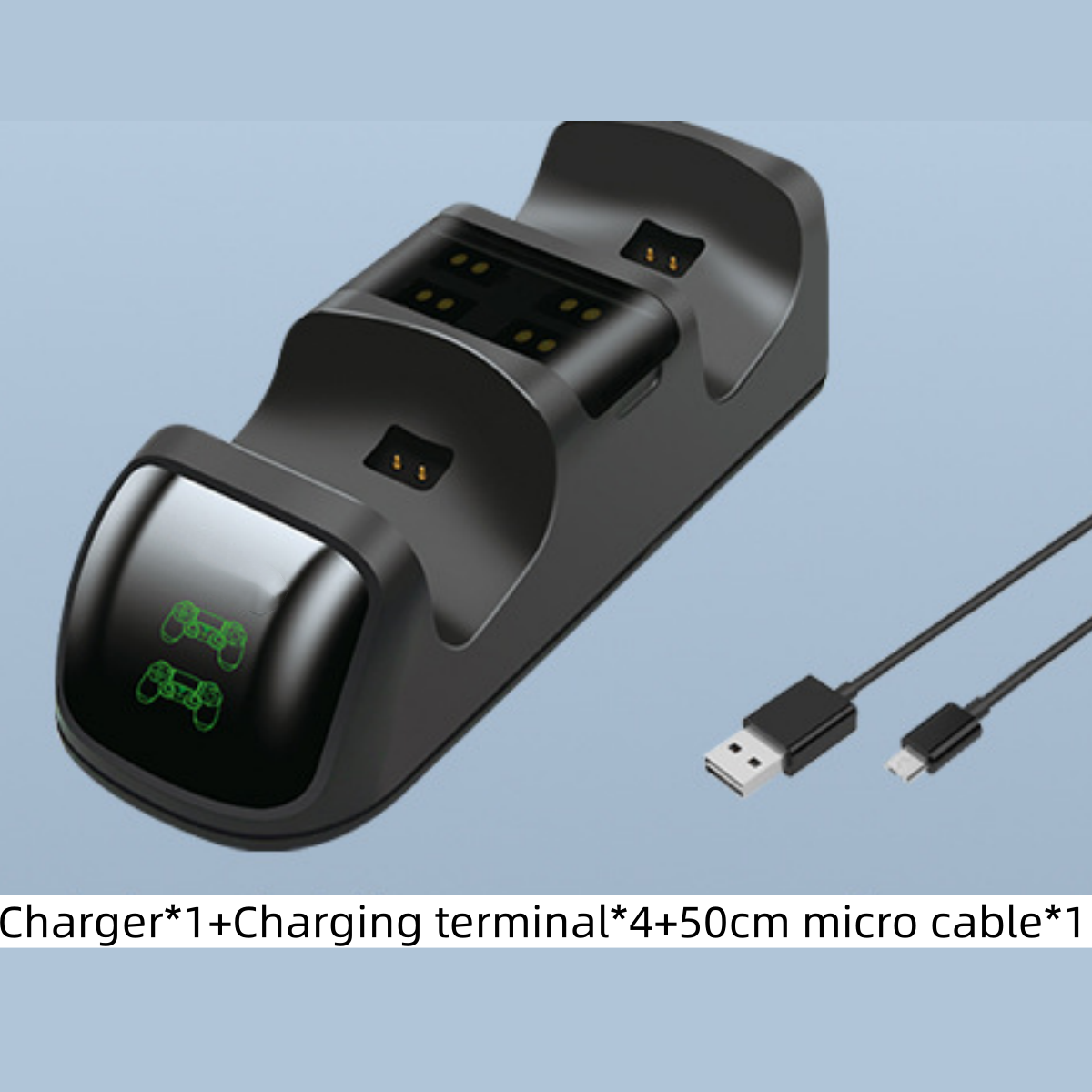 Schwarzes Konsolenladegerät mit USB- und Micro-USB-Kabeln.