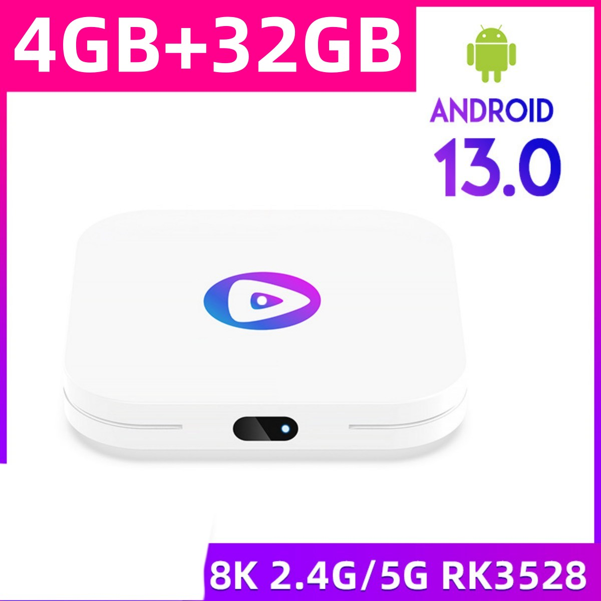Weiße Android TV-Box mit dem Text "4GB+32GB" und "ANDROID 13.0" darauf.