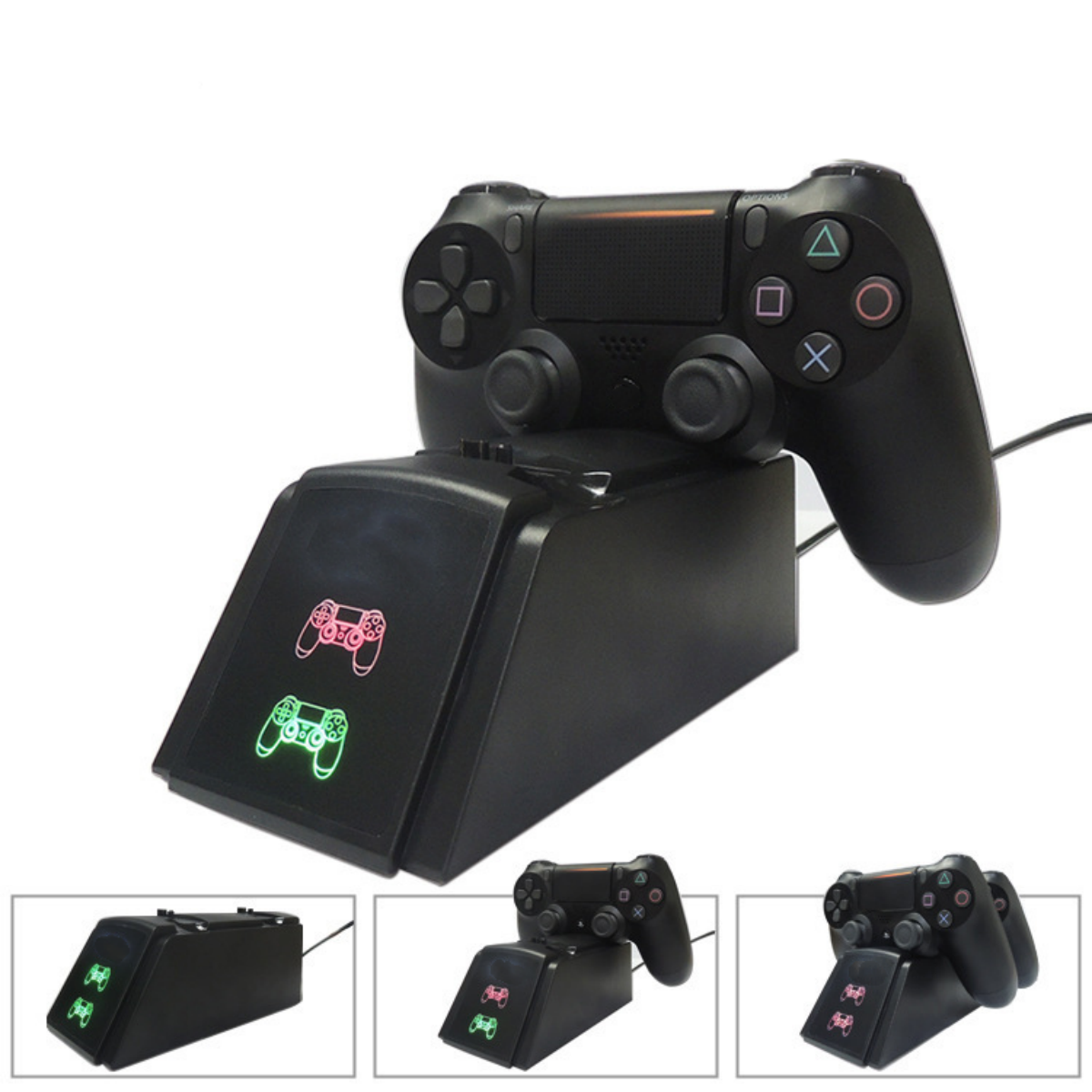 Eine schwarze Controller-Ladestation mit einem schwarzen Controller oben, mit drei kleineren Bildern darunter.