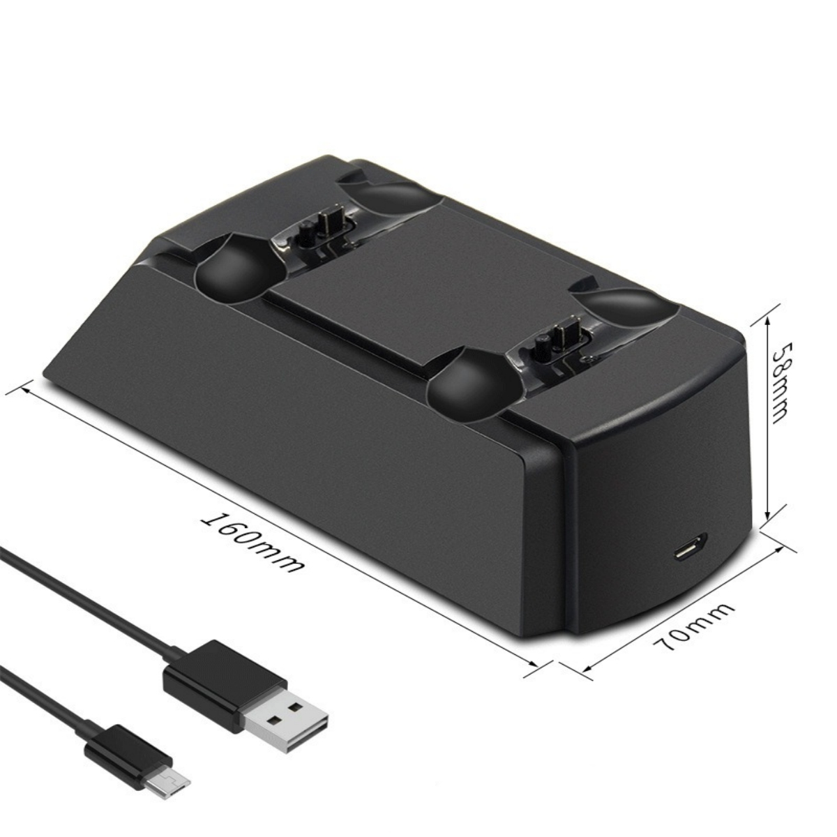 Schwarze Ladestation mit Abmessungen. Ein USB-Kabel ist angeschlossen.