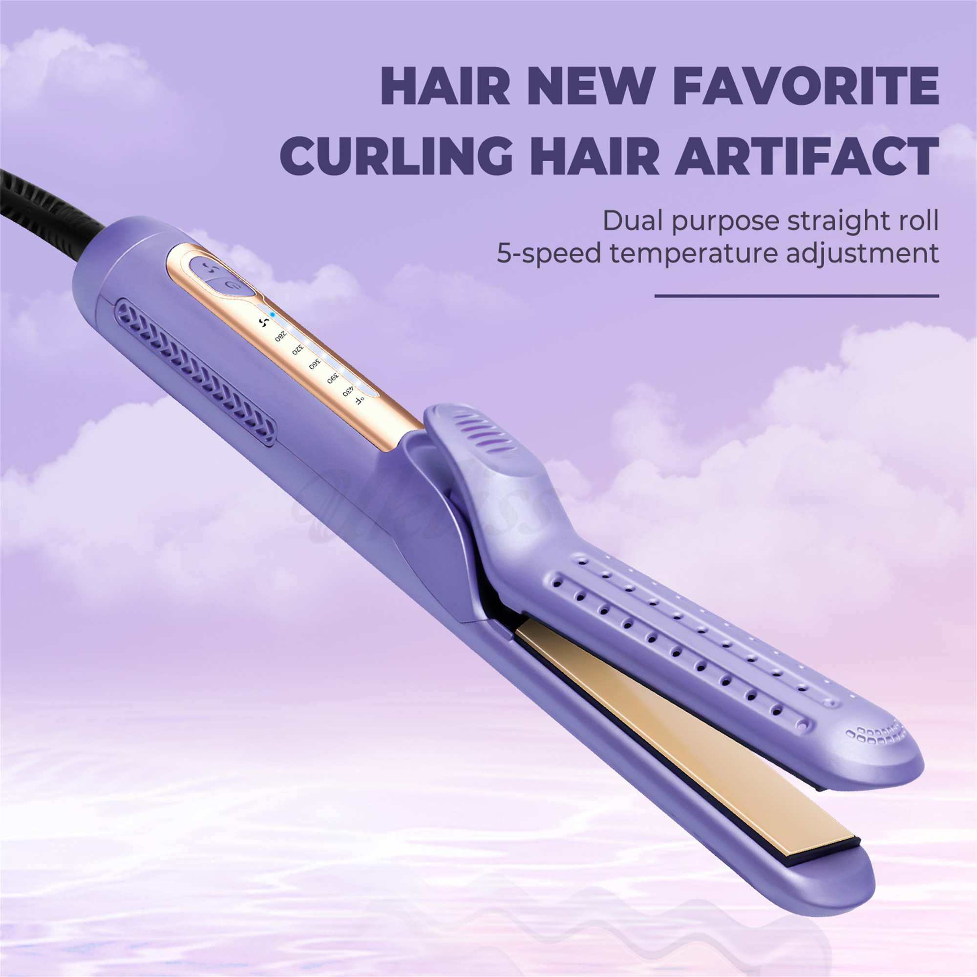 Ein lila Lockenstab mit Goldplatte, Text und Wolkenhintergrund, Werbung für Haarstyling.