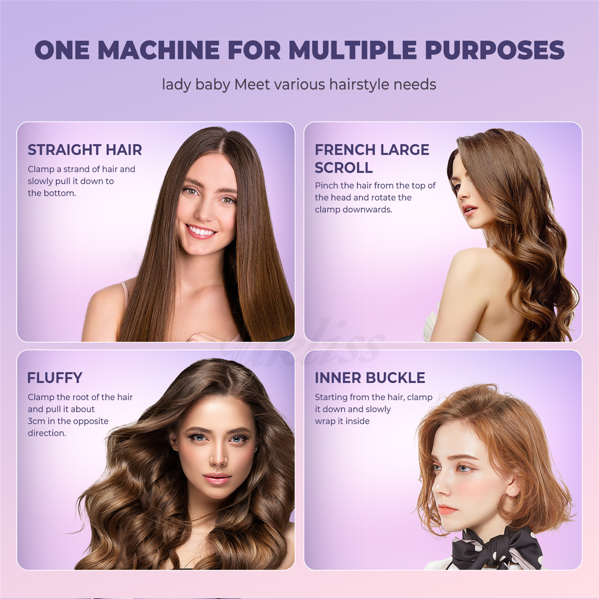 Vier Bilder mit verschiedenen Frisuren: glatt, französische Locke, voluminös und Innenverschluss, mit Models.
