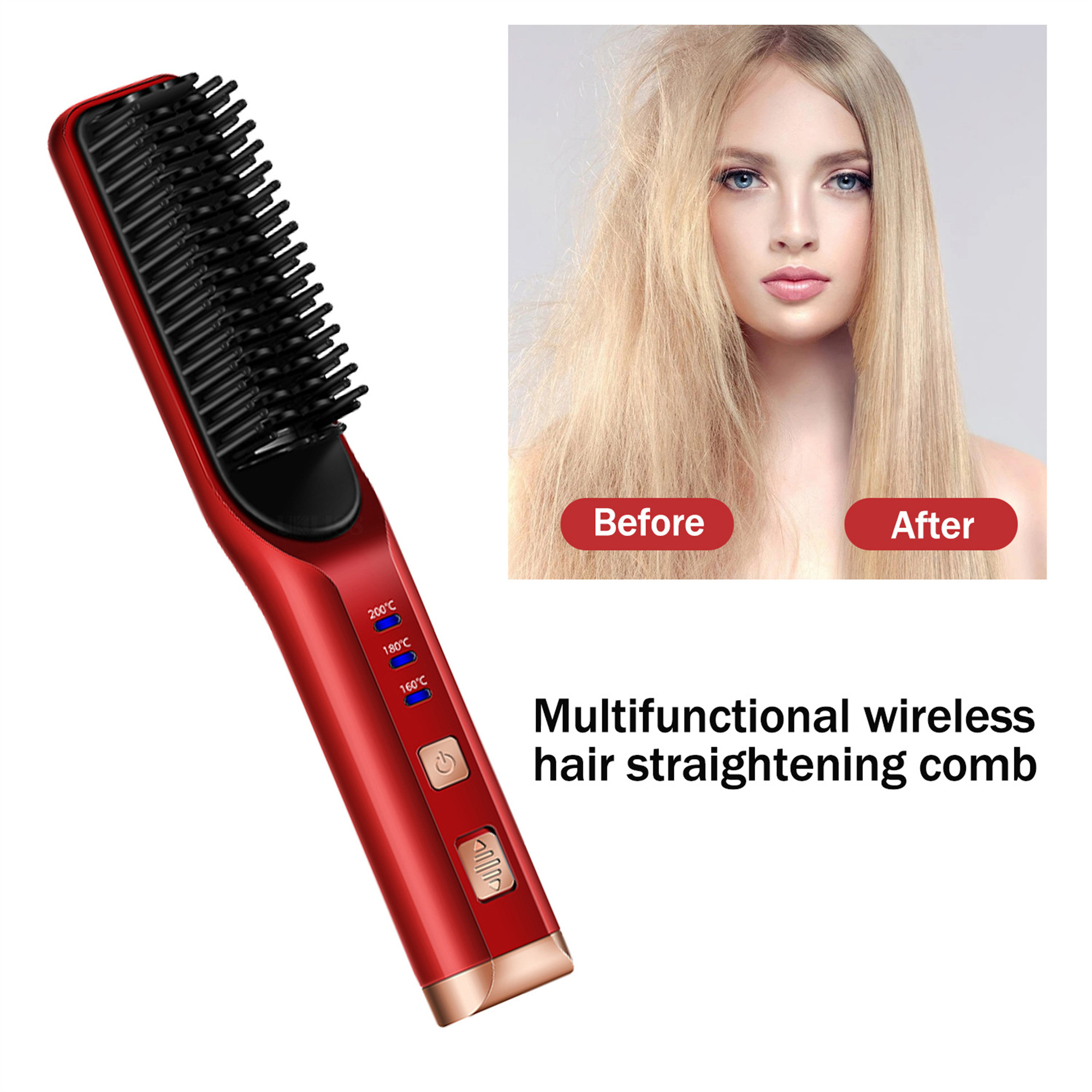 Roter Haarglätter. Vorher: unordentliches Haar. Nachher: geglättetes Haar. Tasten für Temperatur und Leistung.