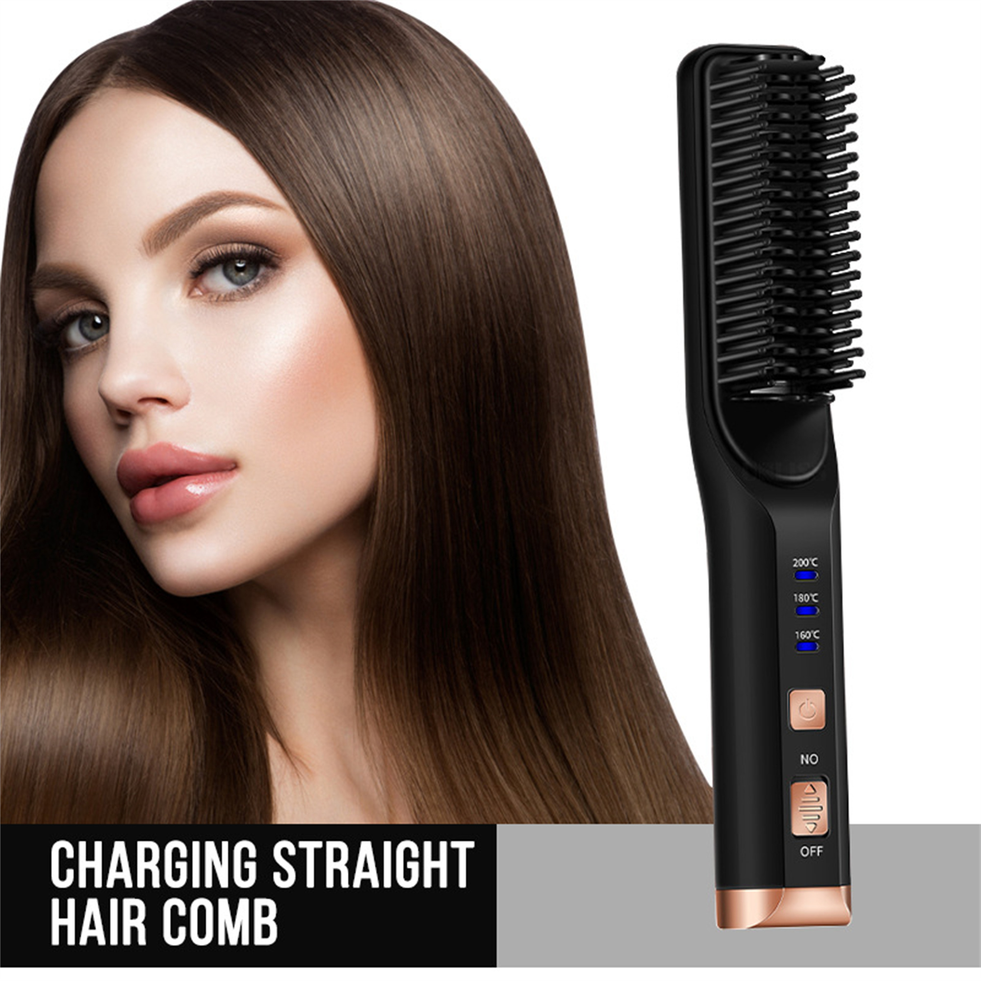 Eine Frau mit glattem Haar neben einem schwarzen Haarglätter.