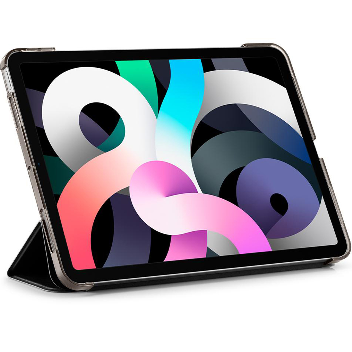 An iPad Air in a case. The case is clear with a black cover. The iPad shows colorful abstract shapes.