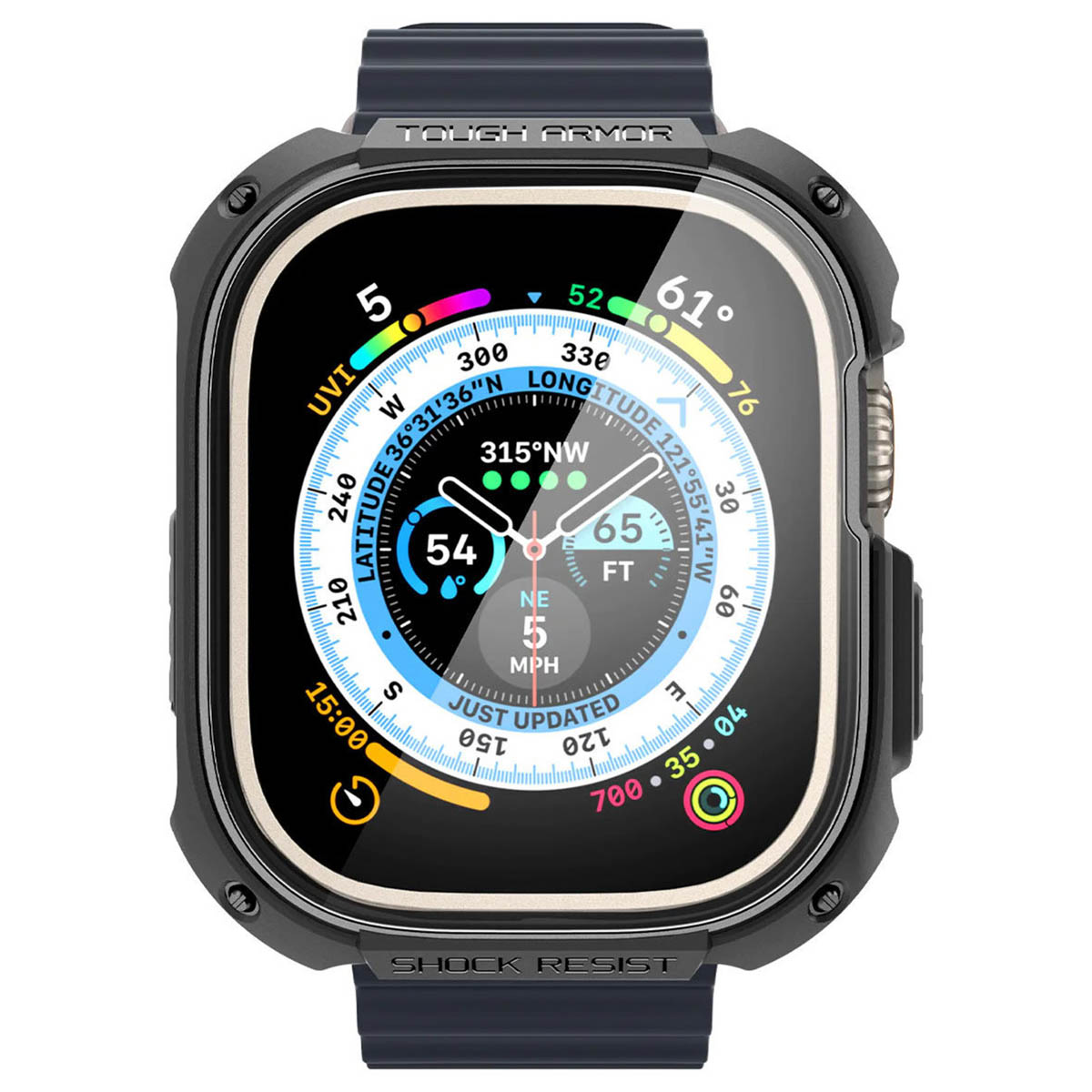 Czarny smartwatch z okrągłym wyświetlaczem. Posiada czarny pasek i wytrzymałą obudowę.