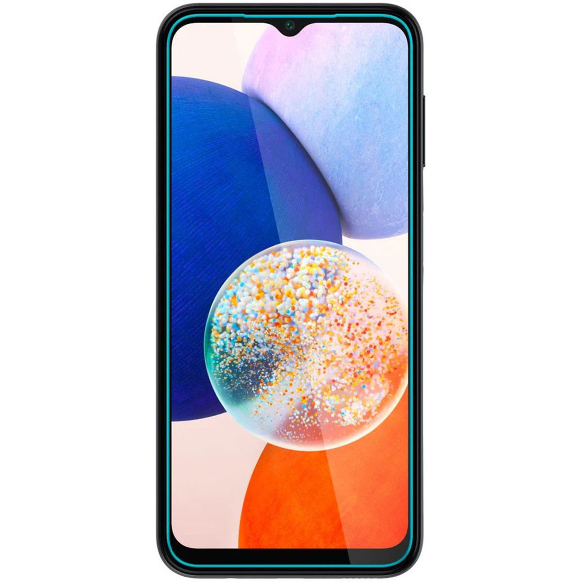 Un smartphone noir avec protecteur d'écran appliqué, affichant des formes abstraites.