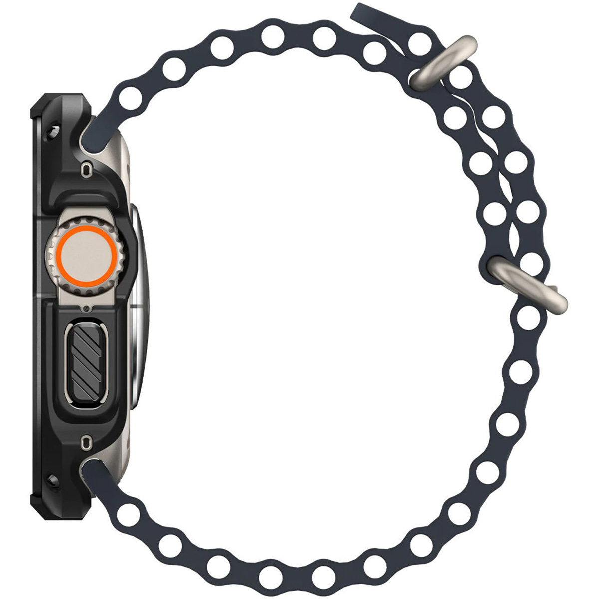 Czarny i szary smartwatch z niebieskim paskiem. Tło jest białe.