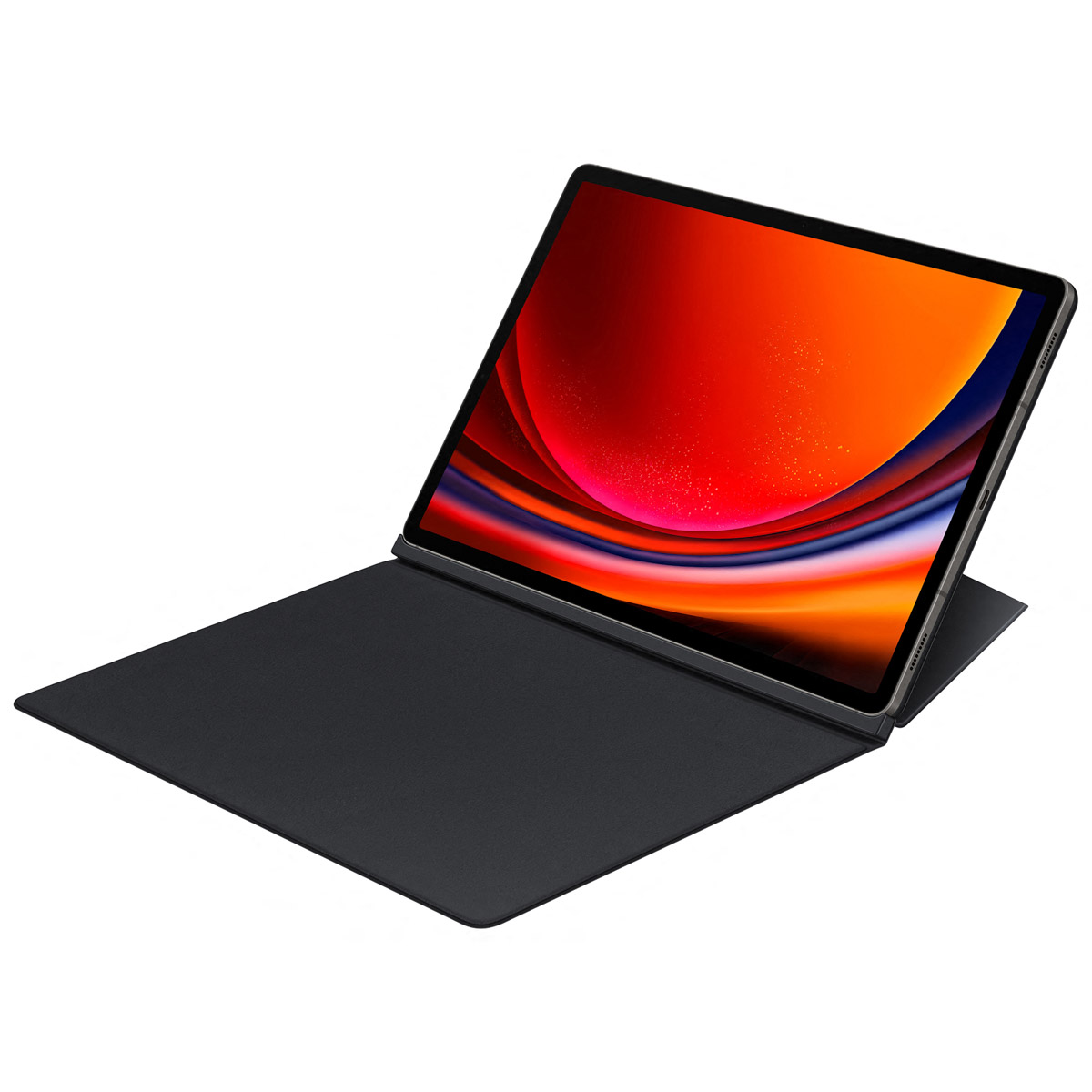 Czarny tablet otwarty na stole. Ekran wyświetla kolorowy wzór.