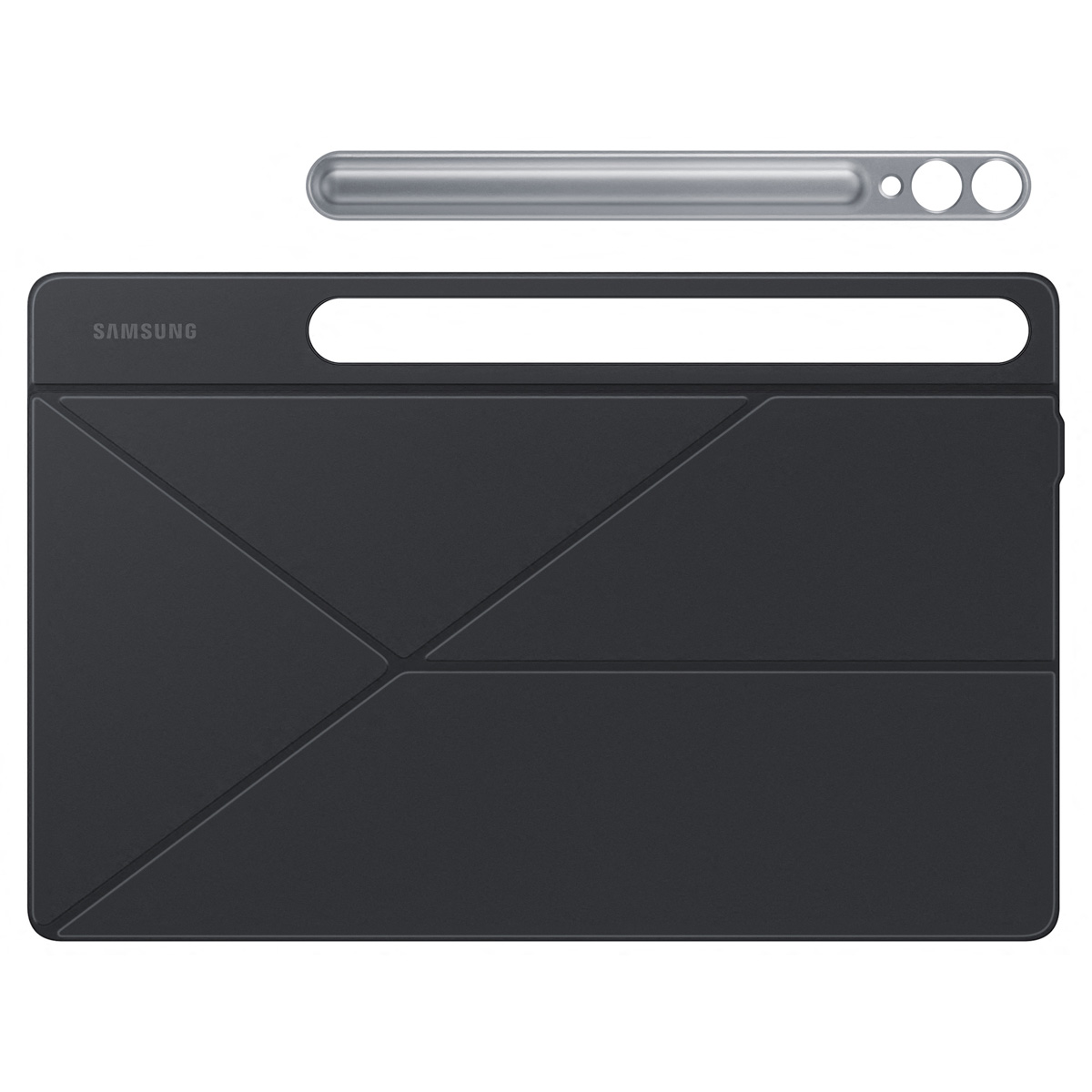 Czarne etui na tablet z piórem. Etui jest złożone, aby stać. Tablet jest czarny.