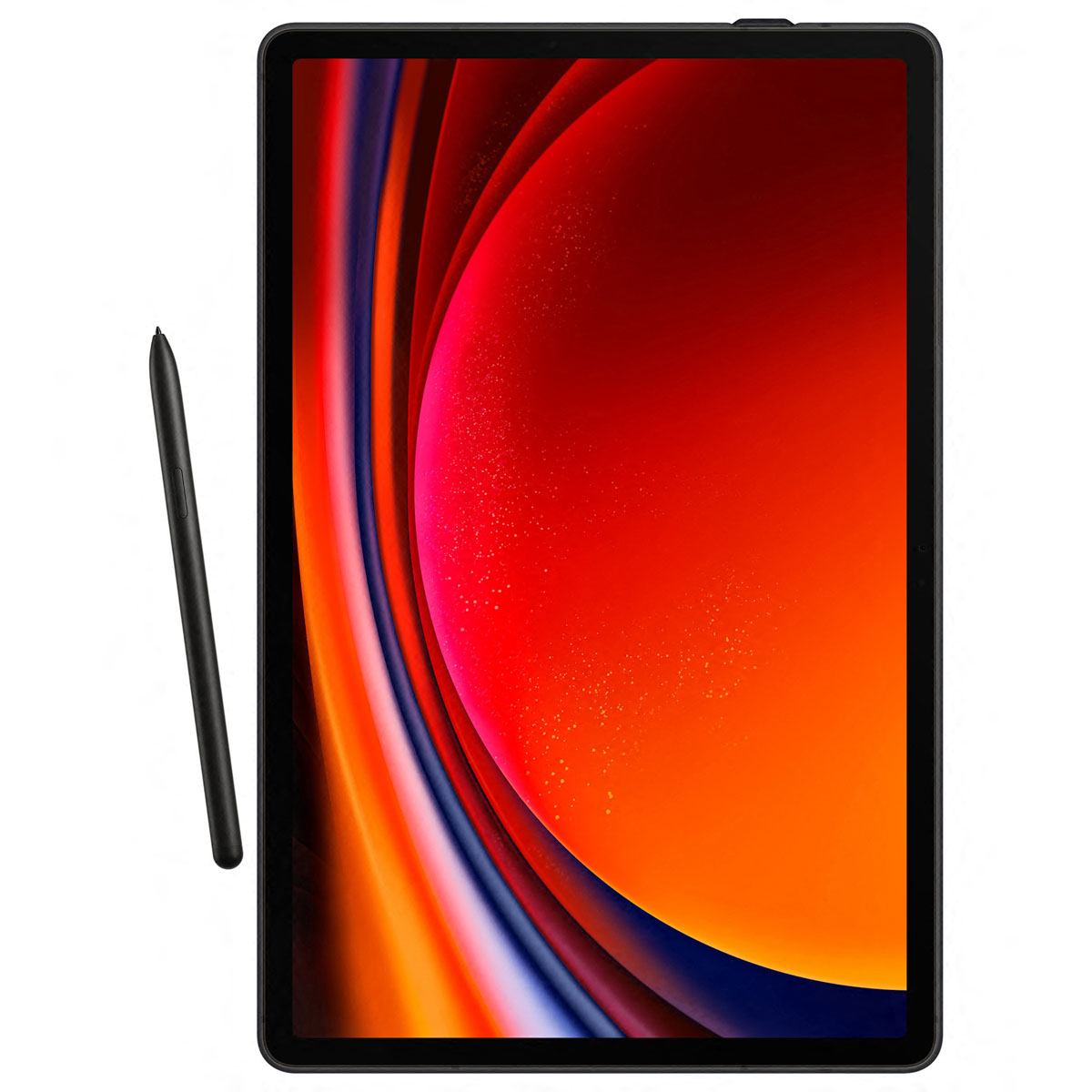 Czarny tablet z czarnym rysikiem. Ekran wyświetla pomarańczowe i czerwone gradienty.