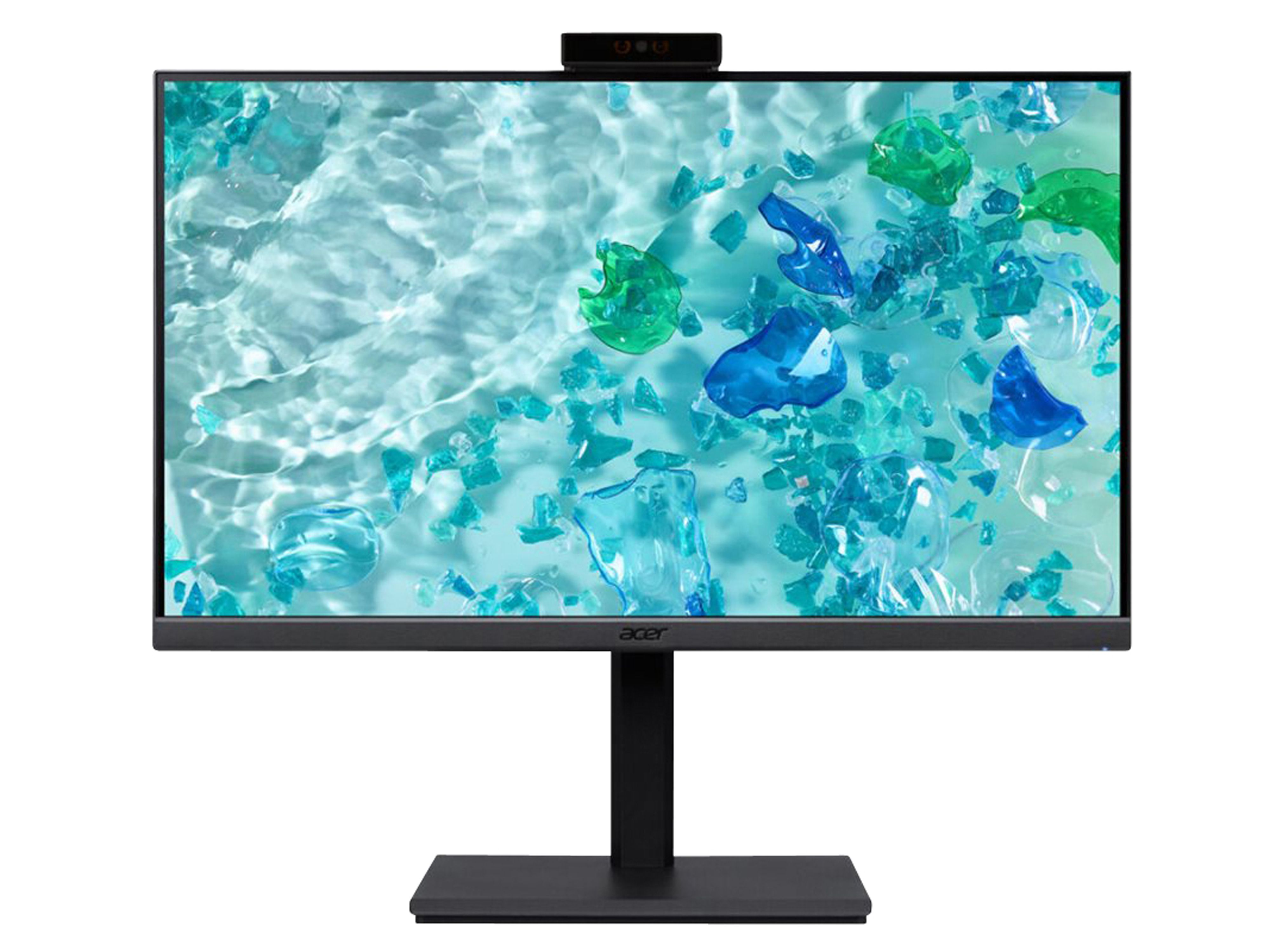 Un grande monitor per computer con una webcam, che mostra un'immagine digitale. Si trova su una base nera.