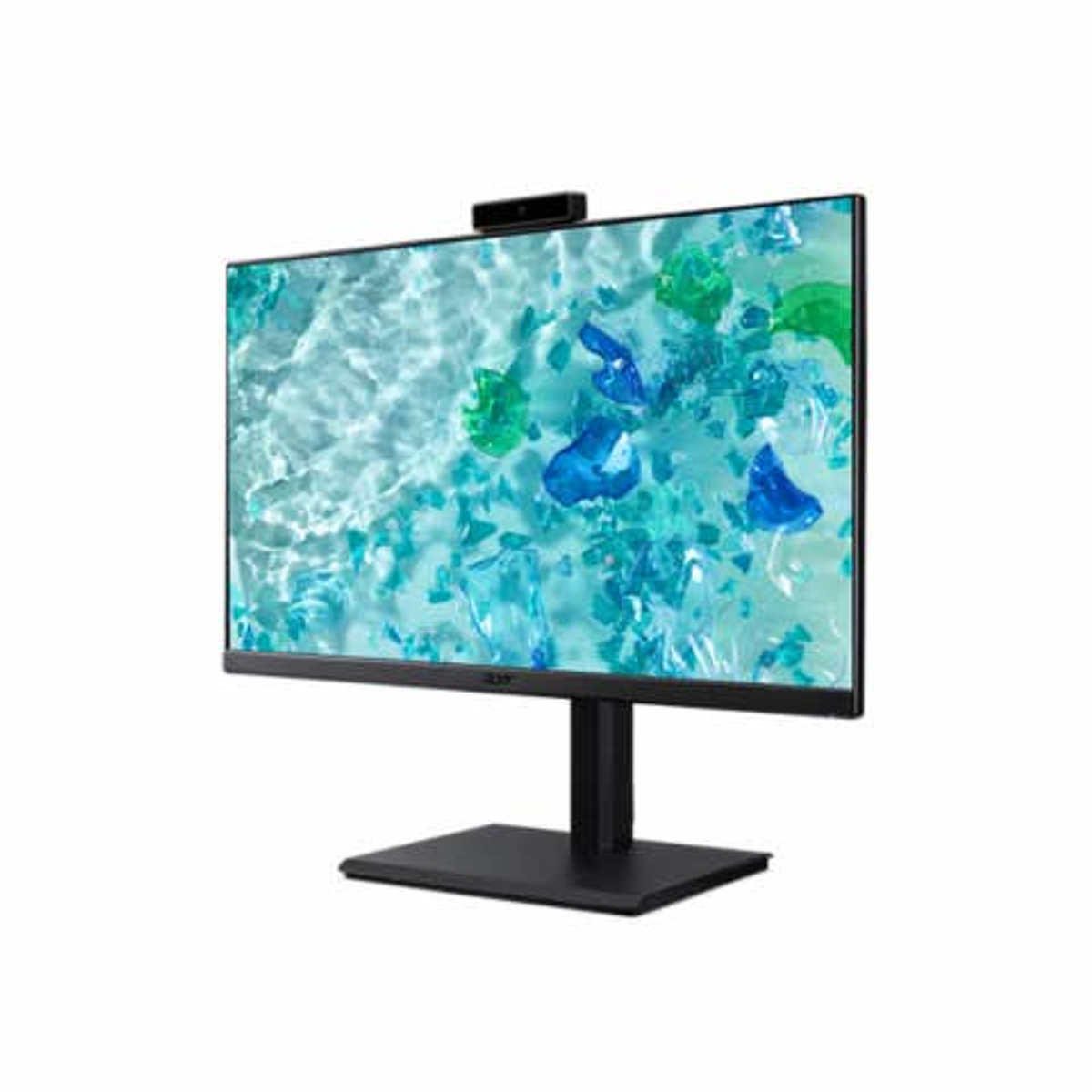 Un monitor con una webcam in cima, che mostra uno sfondo colorato su una superficie bianca.
