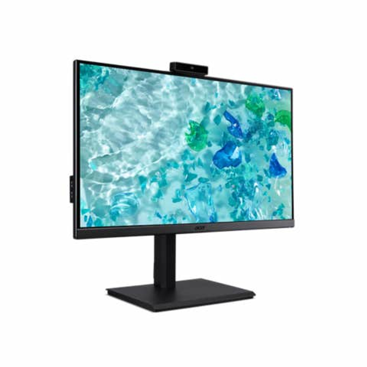 Monitor del computer nero con webcam. Visualizza un'immagine d'acqua astratta con forme blu.