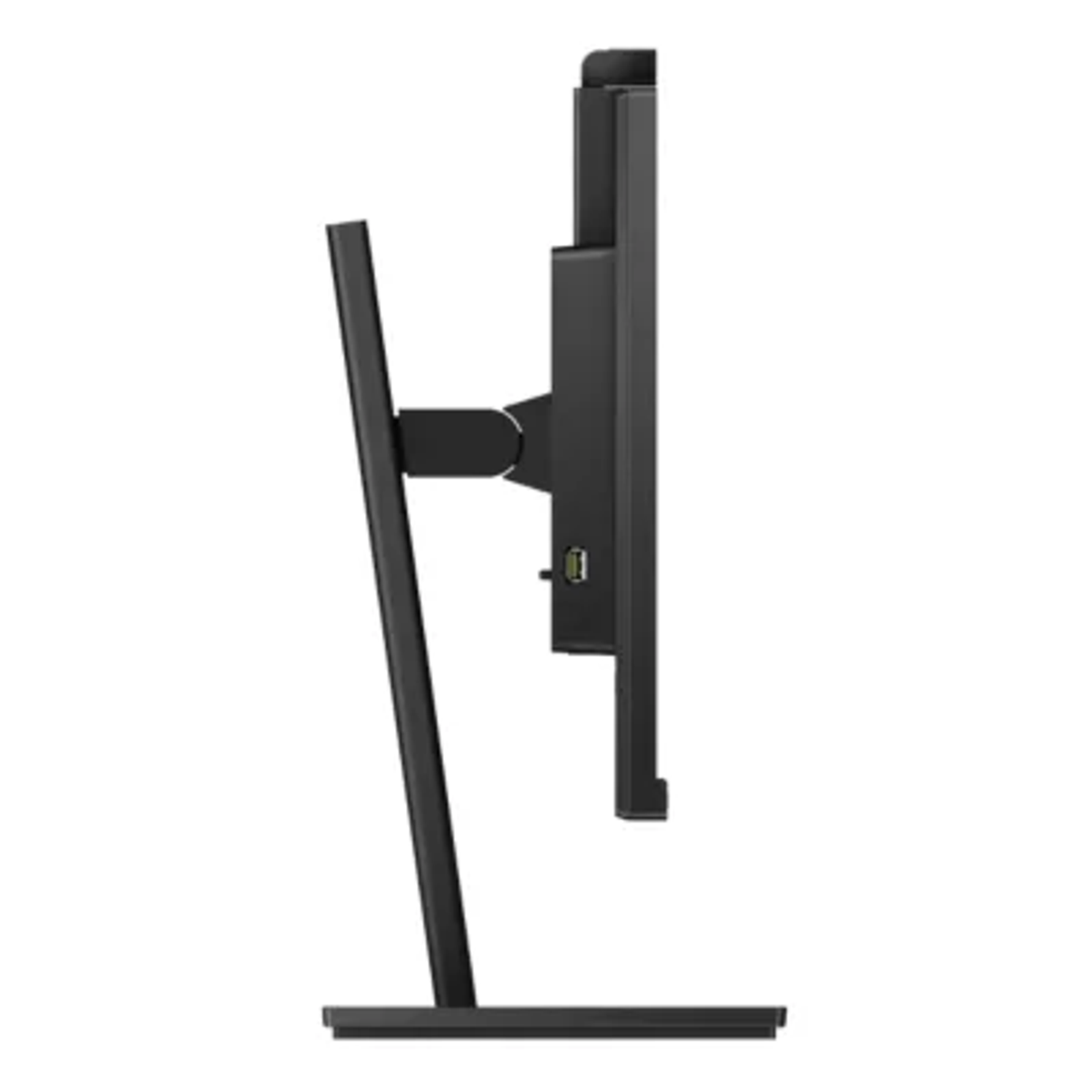 Widok z boku czarnego monitora komputera na czarnym stojaku. Izolowany na białym tle.