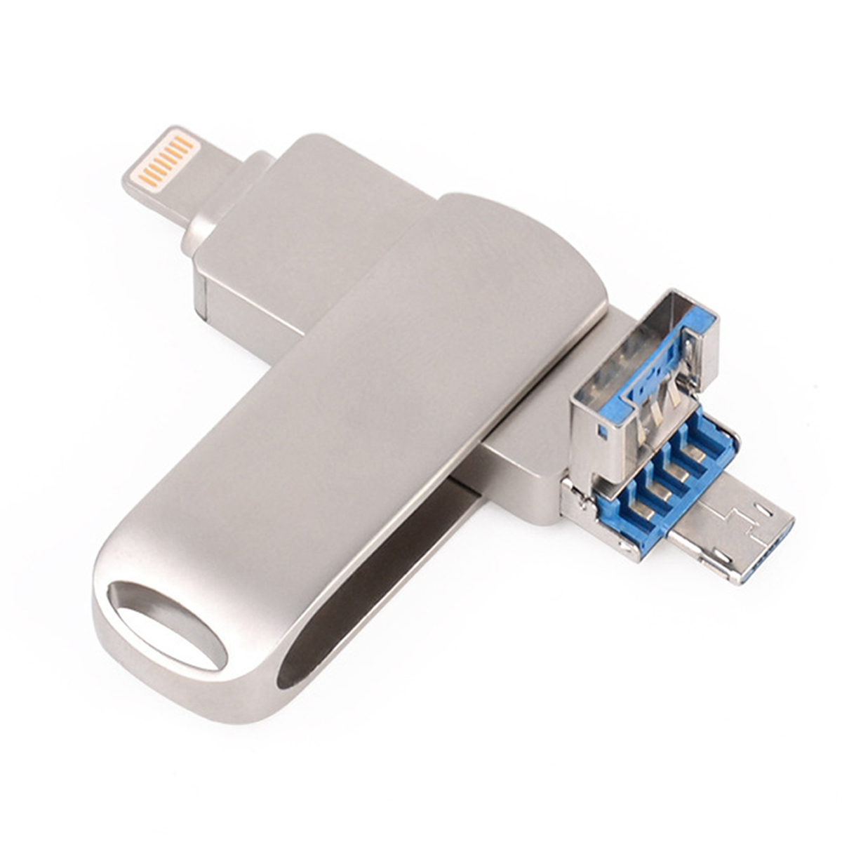 Silberner USB-Stick mit mehreren Anschlüssen. Es hat ein Metall-Finish. Die Anschlüsse sind blau.