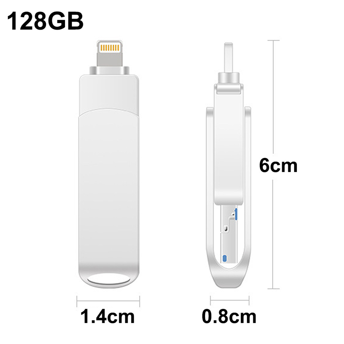 Weißer USB-Stick mit 128 GB Kapazität. Abmessungen: 1,4 cm x 0,8 cm x 6 cm.