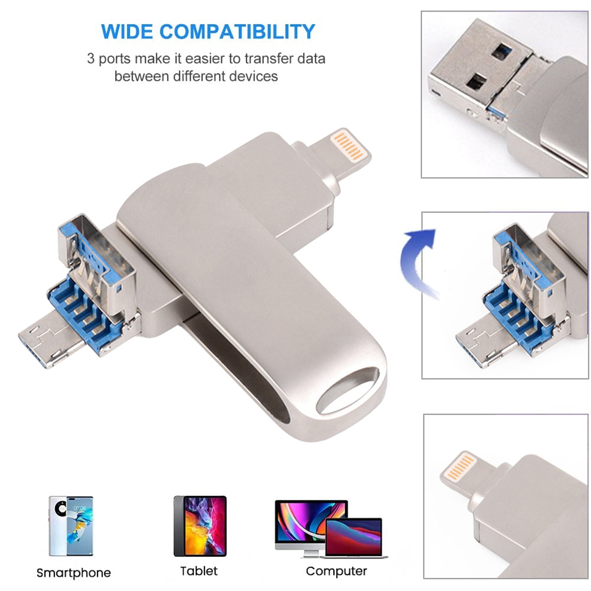 Silberner USB-Stick mit mehreren Anschlüssen, dargestellt mit Bildern kompatibler Geräte: Smartphone, Tablet, Computer.