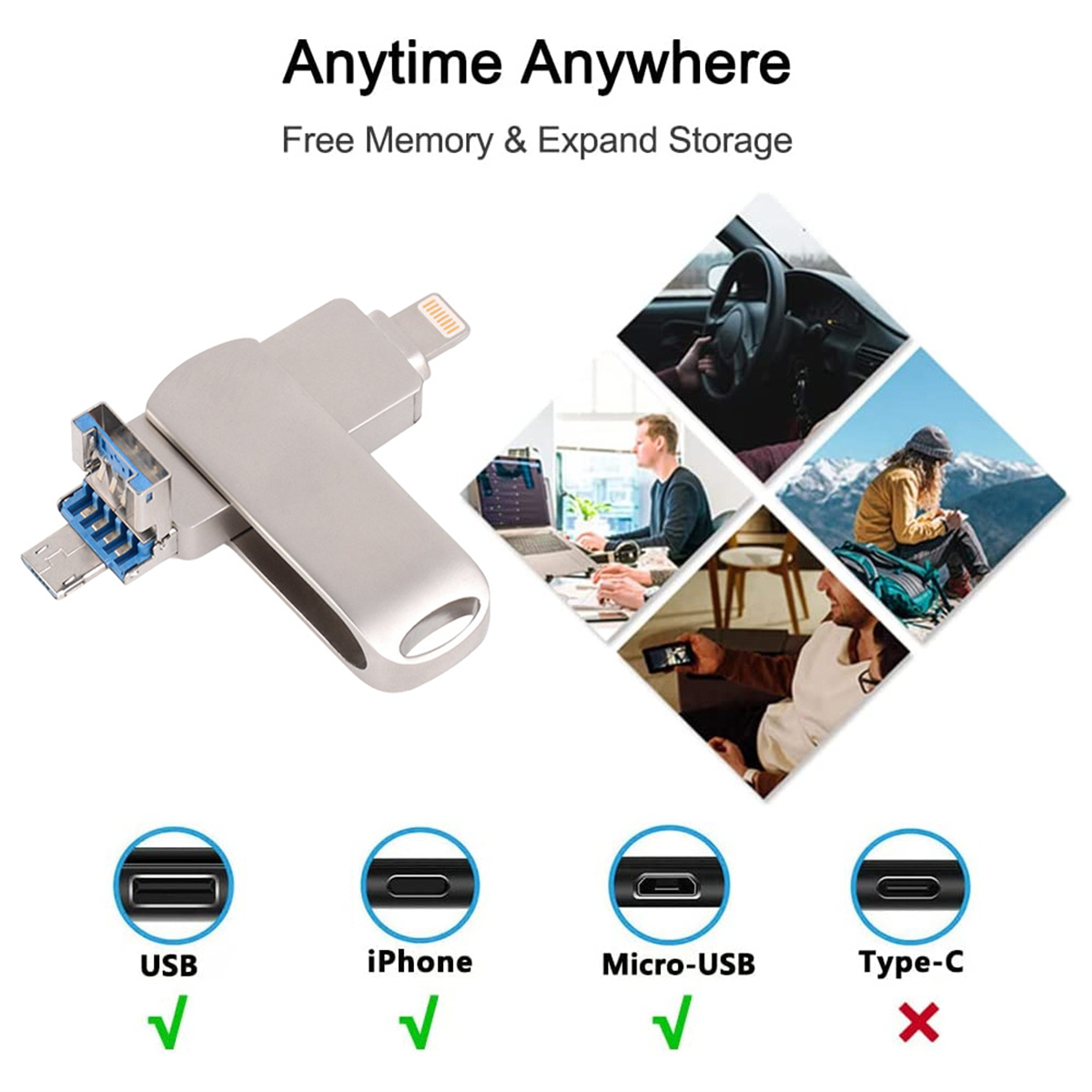 Silberner USB-Stick mit verschiedenen Anschlüssen und Symbolen. Bilder mit Nutzungsszenarien.