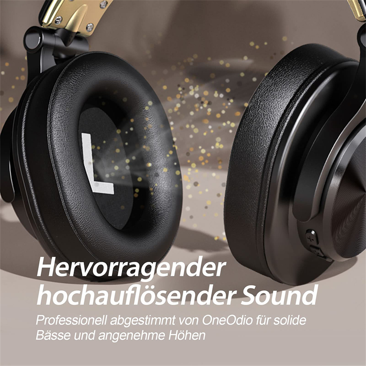 Schwarze Kopfhörer mit goldenen Akzenten, großes 'L' auf Ohrmuschel, Text.