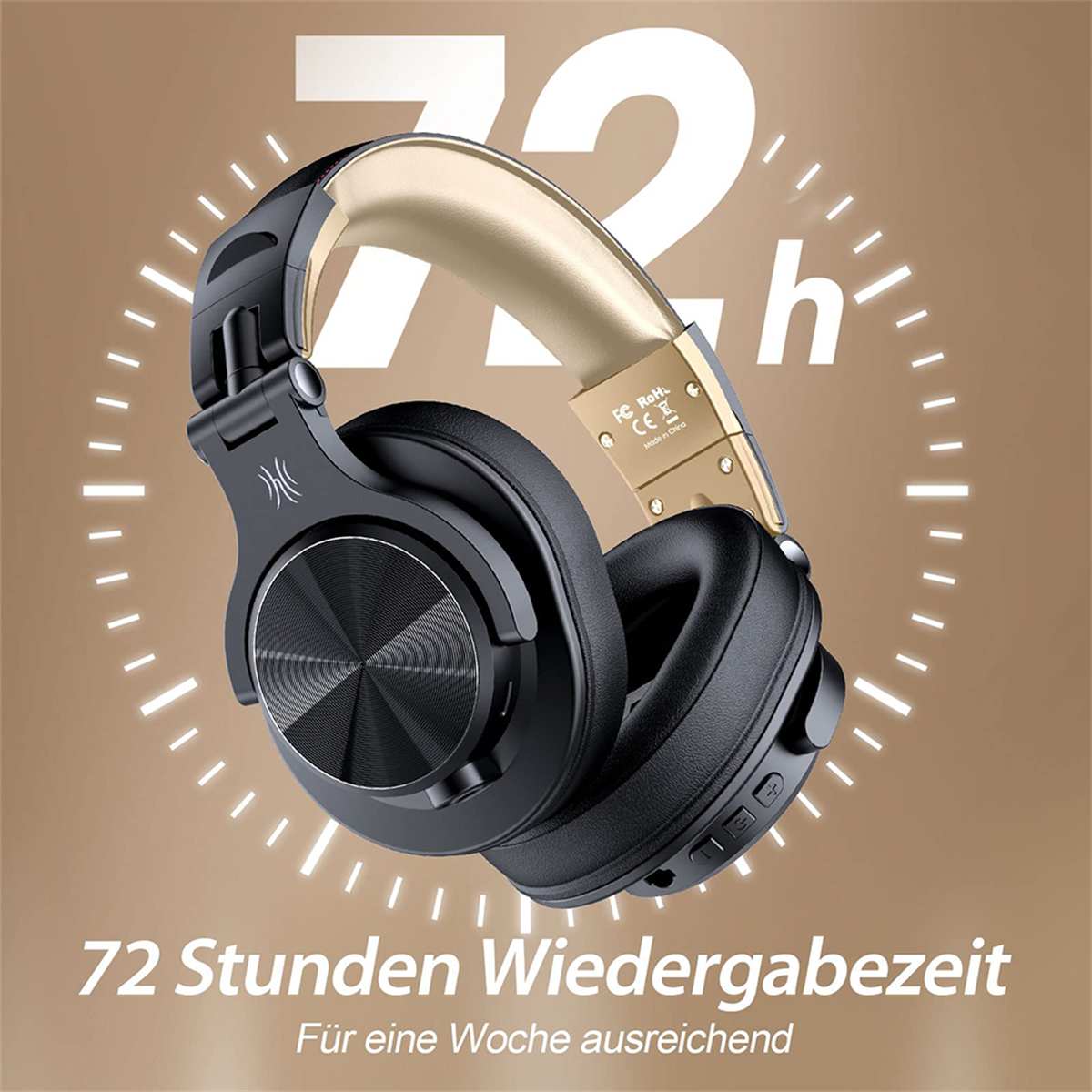 Schwarze kabellose Kopfhörer mit goldenen Akzenten.