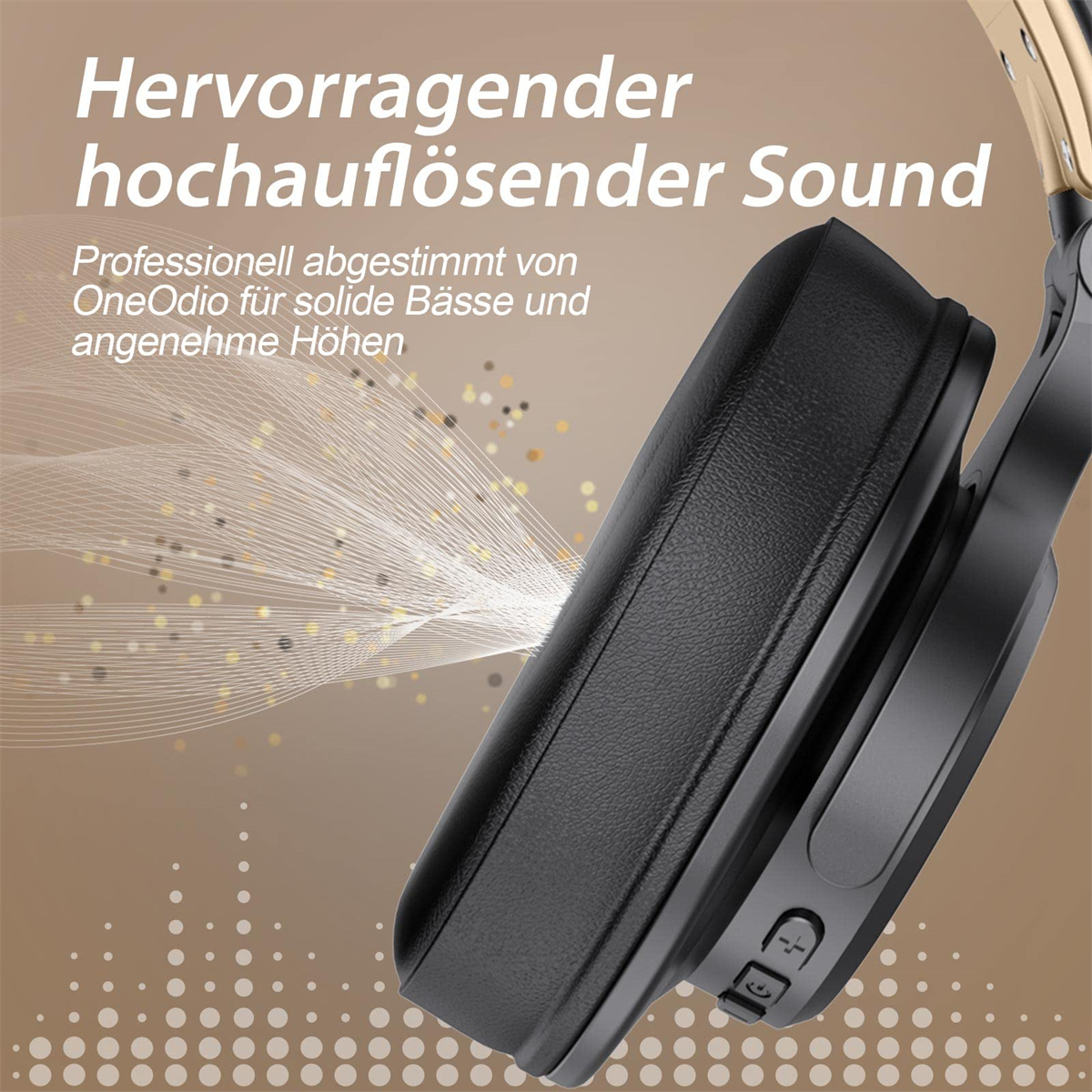 Nahaufnahme eines schwarzen Kopfhörer-Ohrmuschels mit Soundeffekt-Grafik und goldenen Akzenten.
