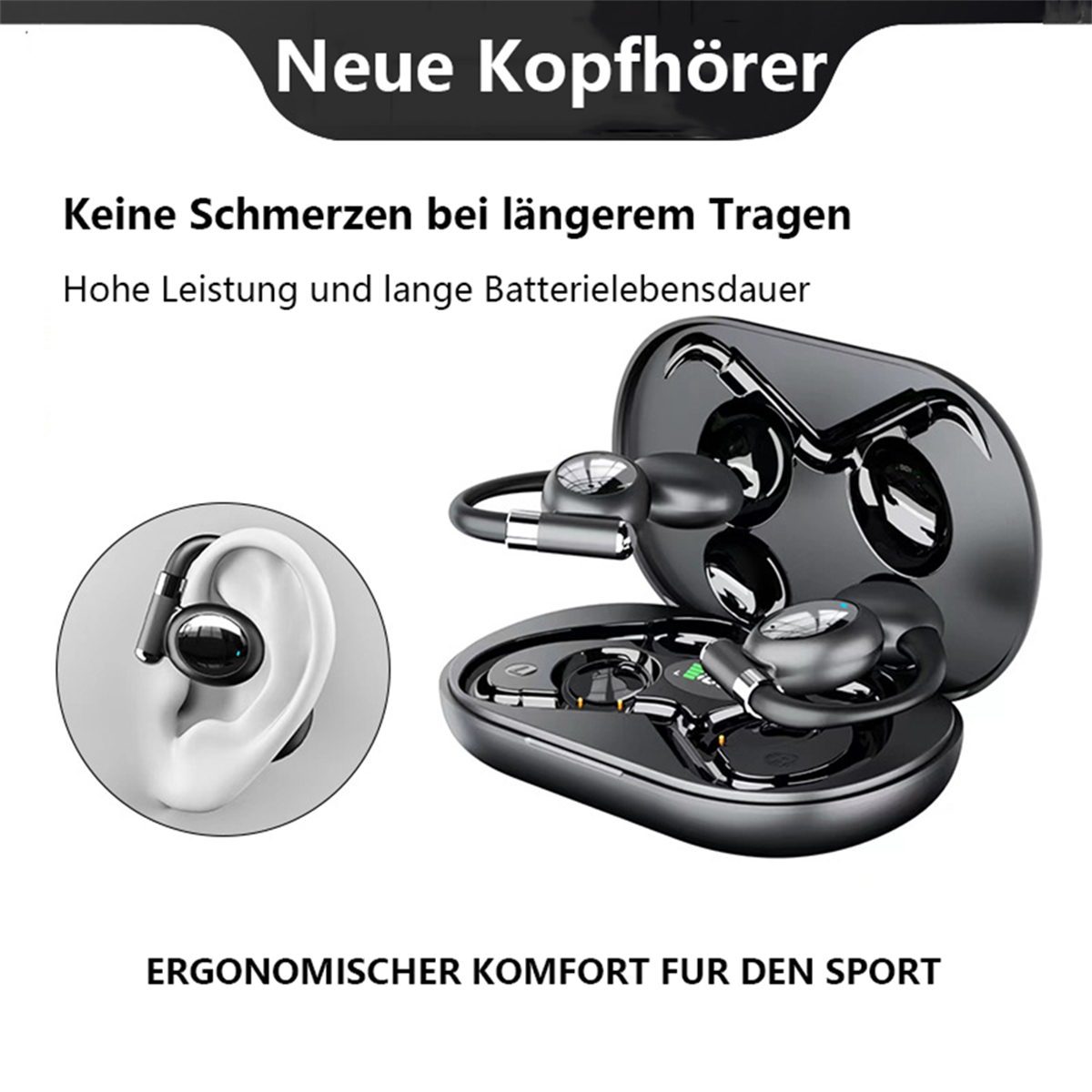 Ohrhörer mit Ladecase. Text auf Deutsch: Neue Kopfhörer.