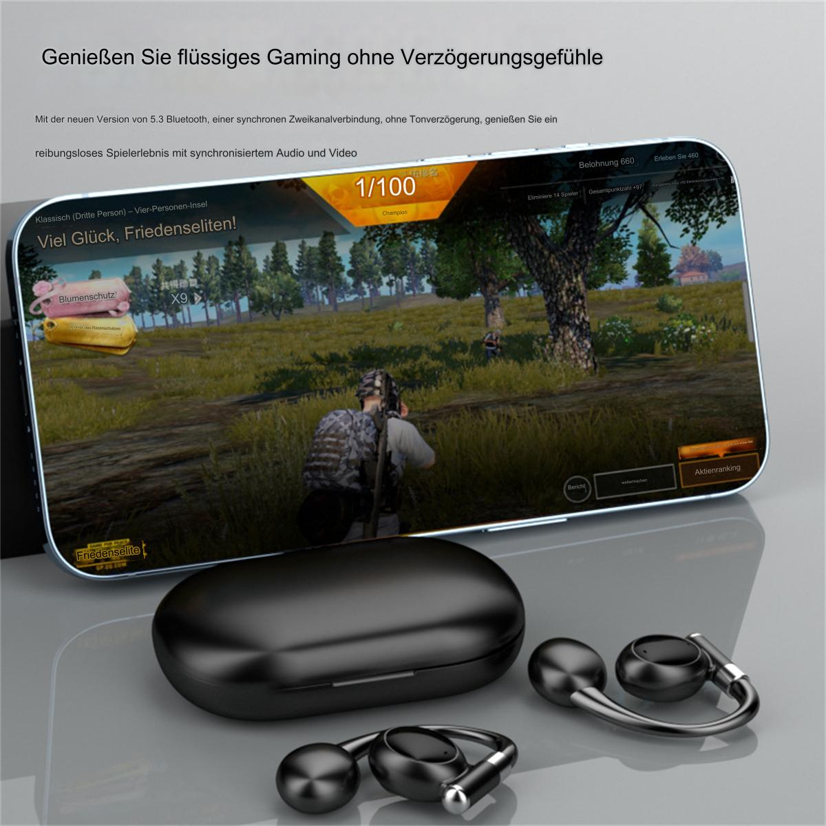 Smartphone mit Ohrhörern und Gaming-Setup.