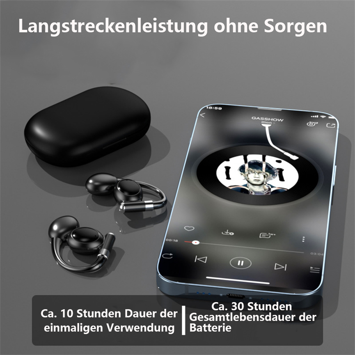 Schwarze kabellose Ohrhörer und ein Ladecase. Ein Telefon mit Musikwiedergabe befindet sich auf der rechten Seite.