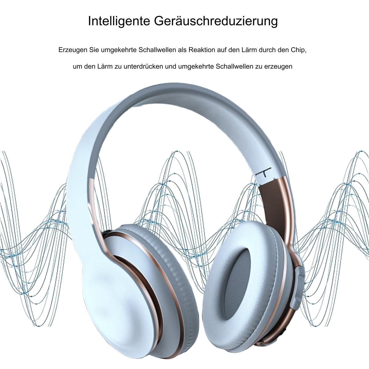 Weiß-goldene Kopfhörer mit Geräuschunterdrückung liegen auf Weiß. Wellenförmige blaue Linien deuten Schallwellen an.