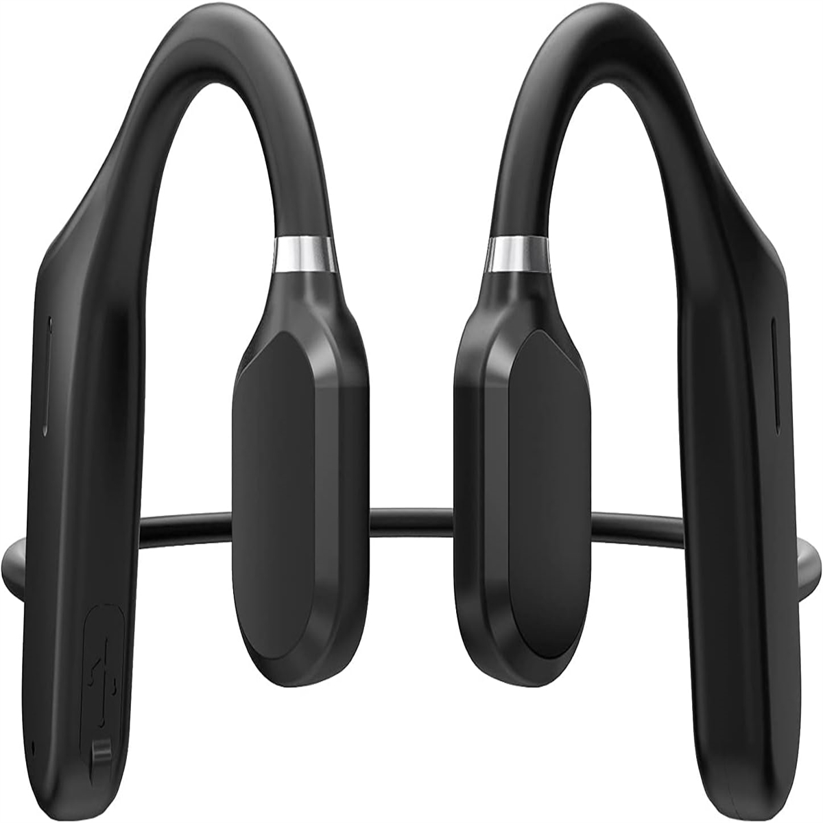 Schwarze Knochenschallkopfhörer mit gebogenem Design, das sich um das Ohr legt.