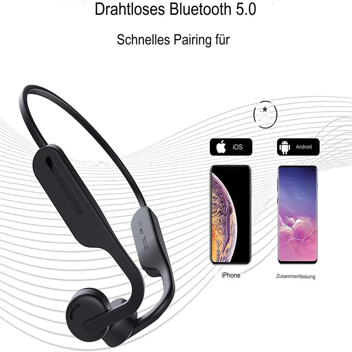 Schwarze, drahtlose Kopfhörer. Zwei Telefone und iOS- & Android-Symbole sind vorhanden. Text: 'Bluetooth 5.0'.