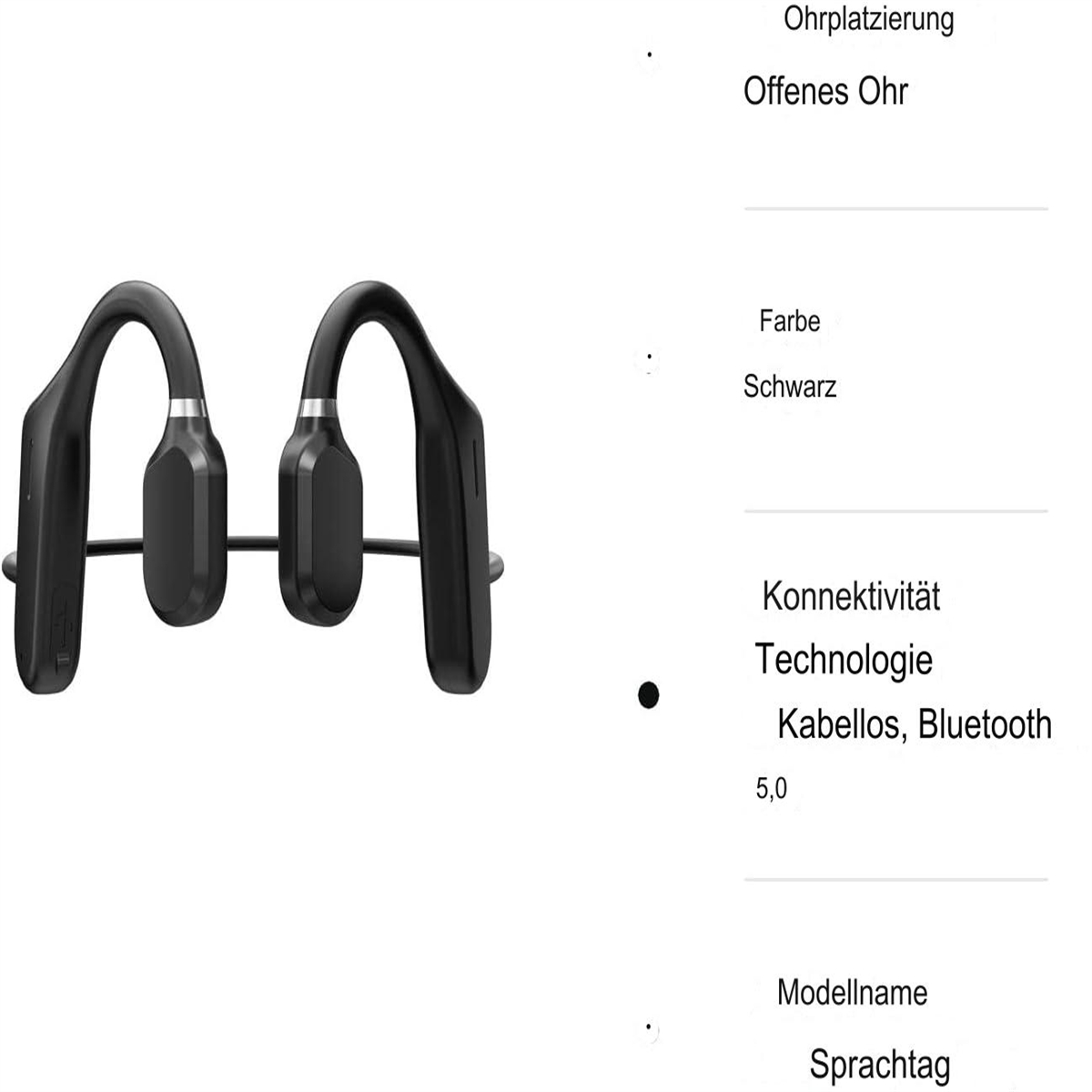 Schwarze Knochenschallkopfhörer mit gebogenem Design und eine Textspalte mit Spezifikationen.