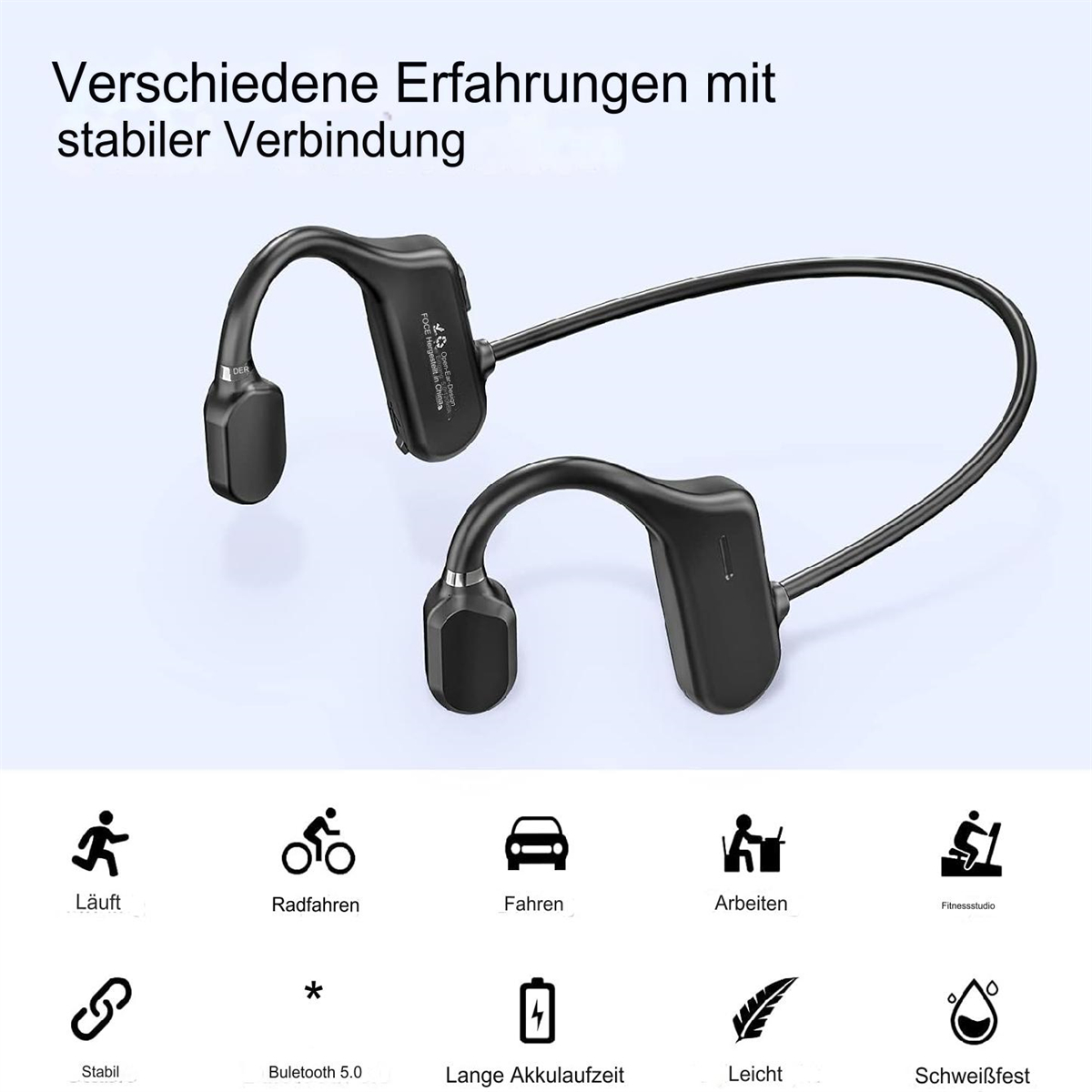 Schwarze kabellose Kopfhörer mit Symbolen, die Aktivitäten wie Laufen, Radfahren und Arbeiten darstellen.