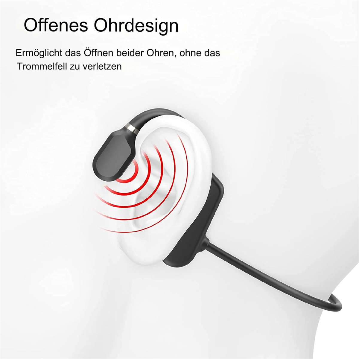 Eine Ohrhörer-Design-Illustration mit roten Schallwellenlinien.