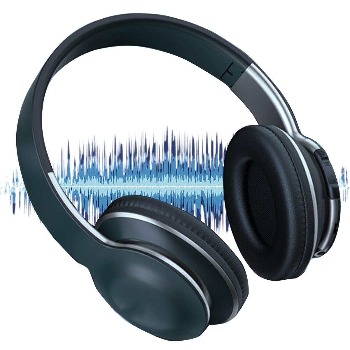 Schwarze Kopfhörer mit silbernen Akzenten auf weißem Hintergrund mit blauem Audio-Wellen-Design.